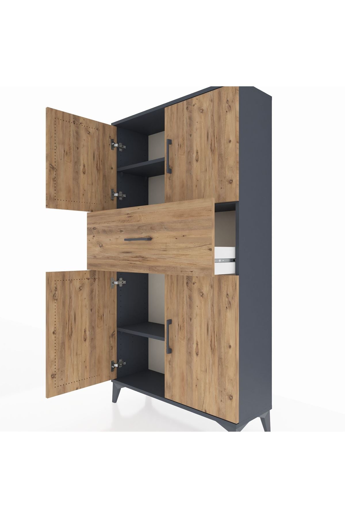 Arges Dolap 3 Raflı Tek Çekmeceli 4 Kapaklı 88x30x163 Antrasit-Çam