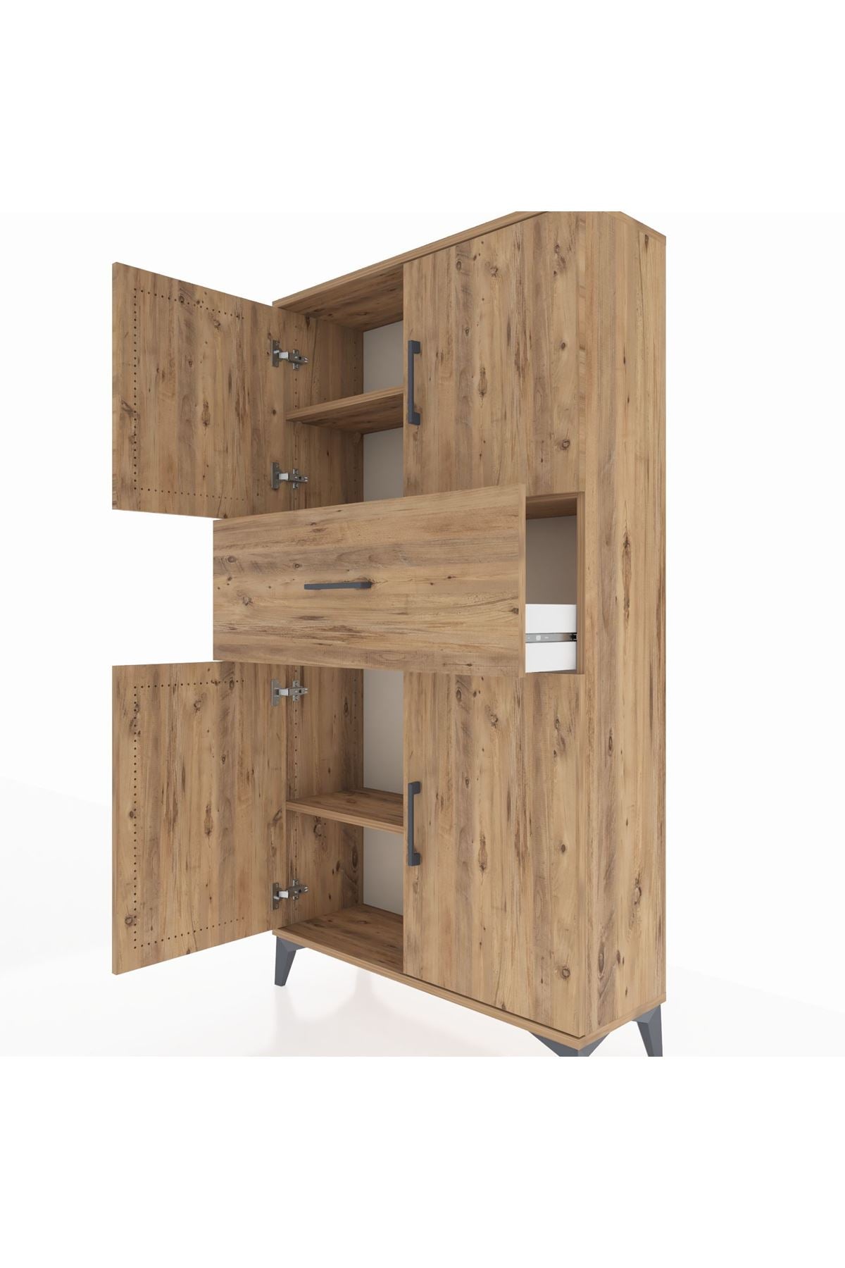 Arges Dolap 3 Raflı Tek Çekmeceli 4 Kapaklı 88x30x163 Çam-Çam