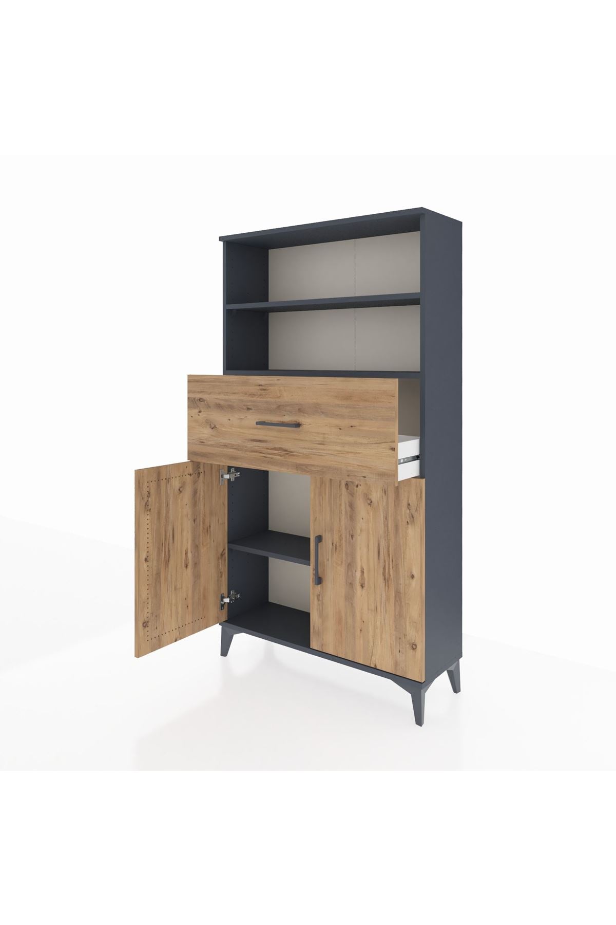 Arges Dolap 3 Raflı Tek Çekmeceli 2 Kapaklı 88x30x163 Antrasit-Çam