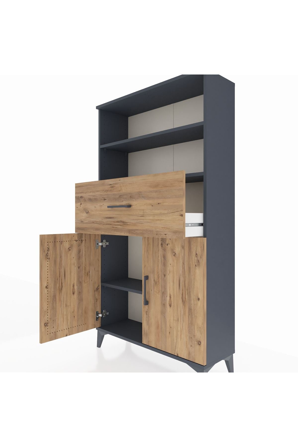 Arges Dolap 3 Raflı Tek Çekmeceli 2 Kapaklı 88x30x163 Antrasit-Çam