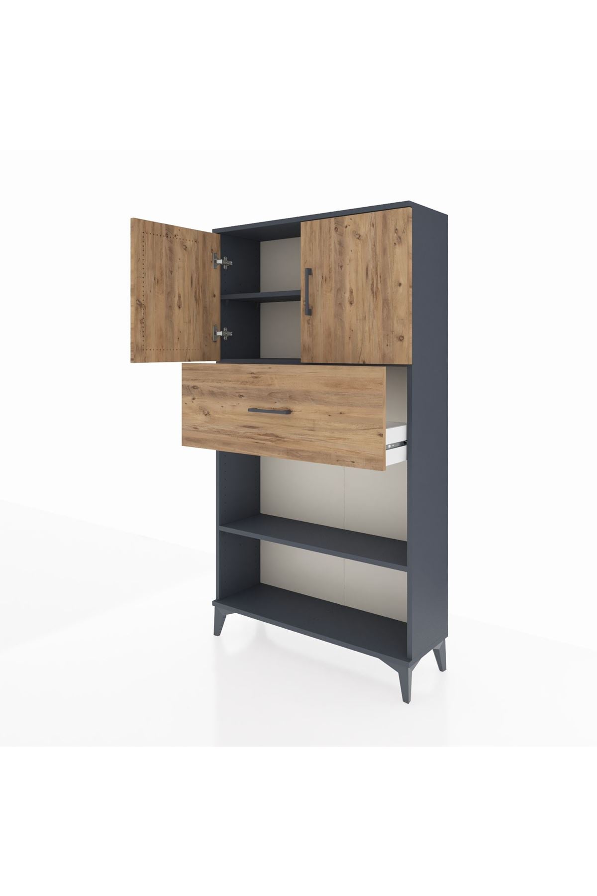 Arges Dolap 3 Raflı Tek Çekmeceli 2 Kapaklı 88x30x163 Antrasit-Çam