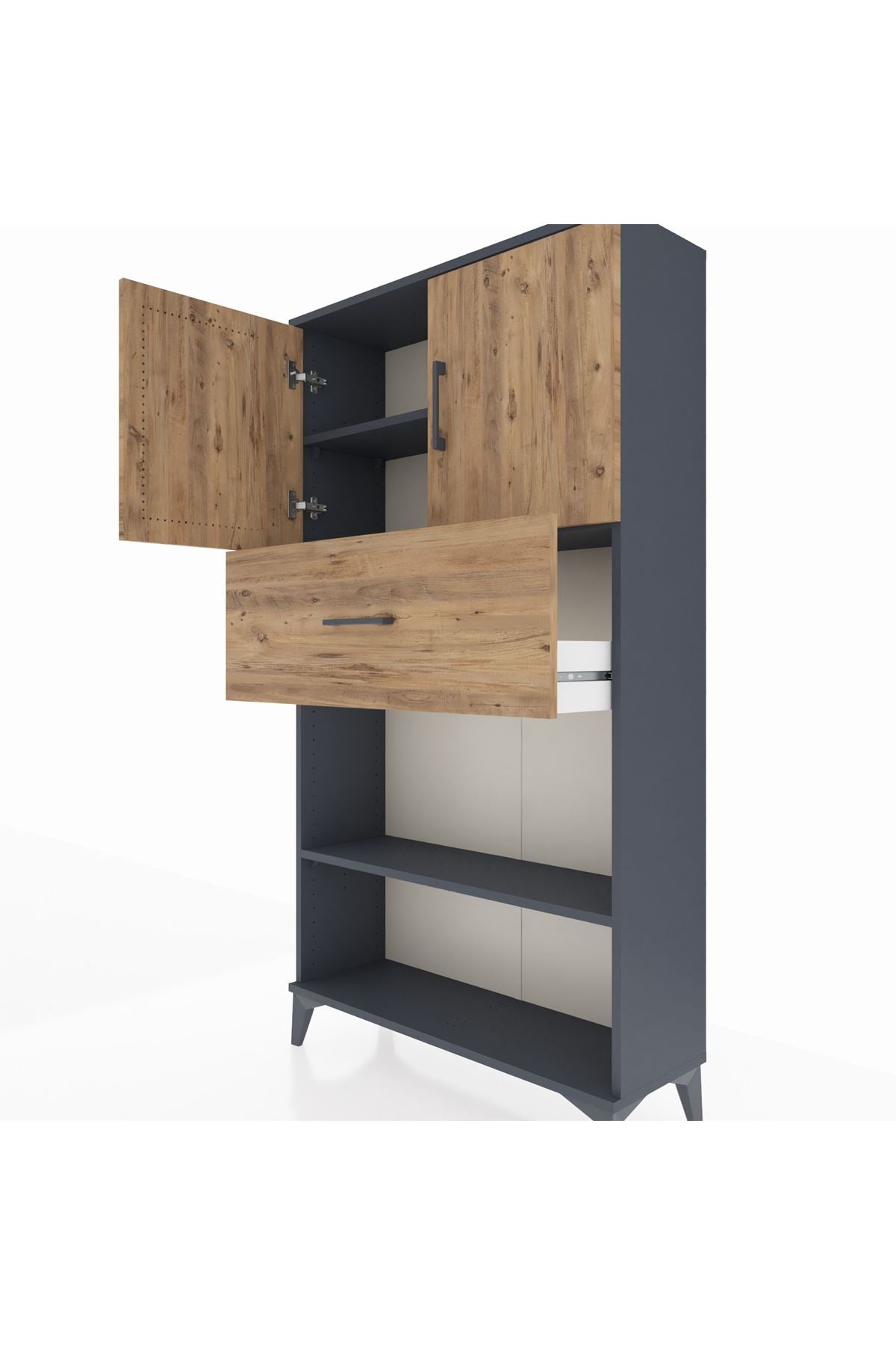 Arges Dolap 3 Raflı Tek Çekmeceli 2 Kapaklı 88x30x163 Antrasit-Çam