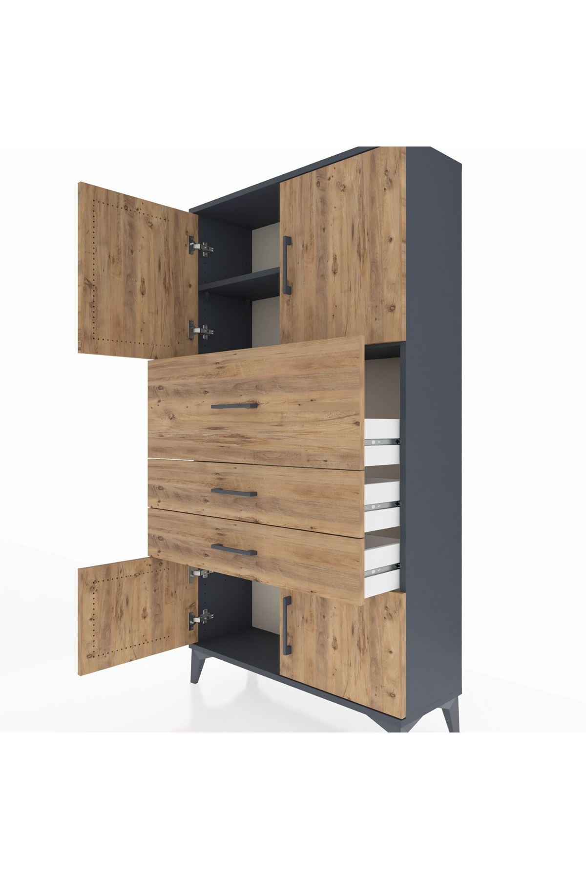 Arges Dolap 2 Raflı 3 Çekmeceli 4 Kapaklı 88x30x163 Antrasit-Çam