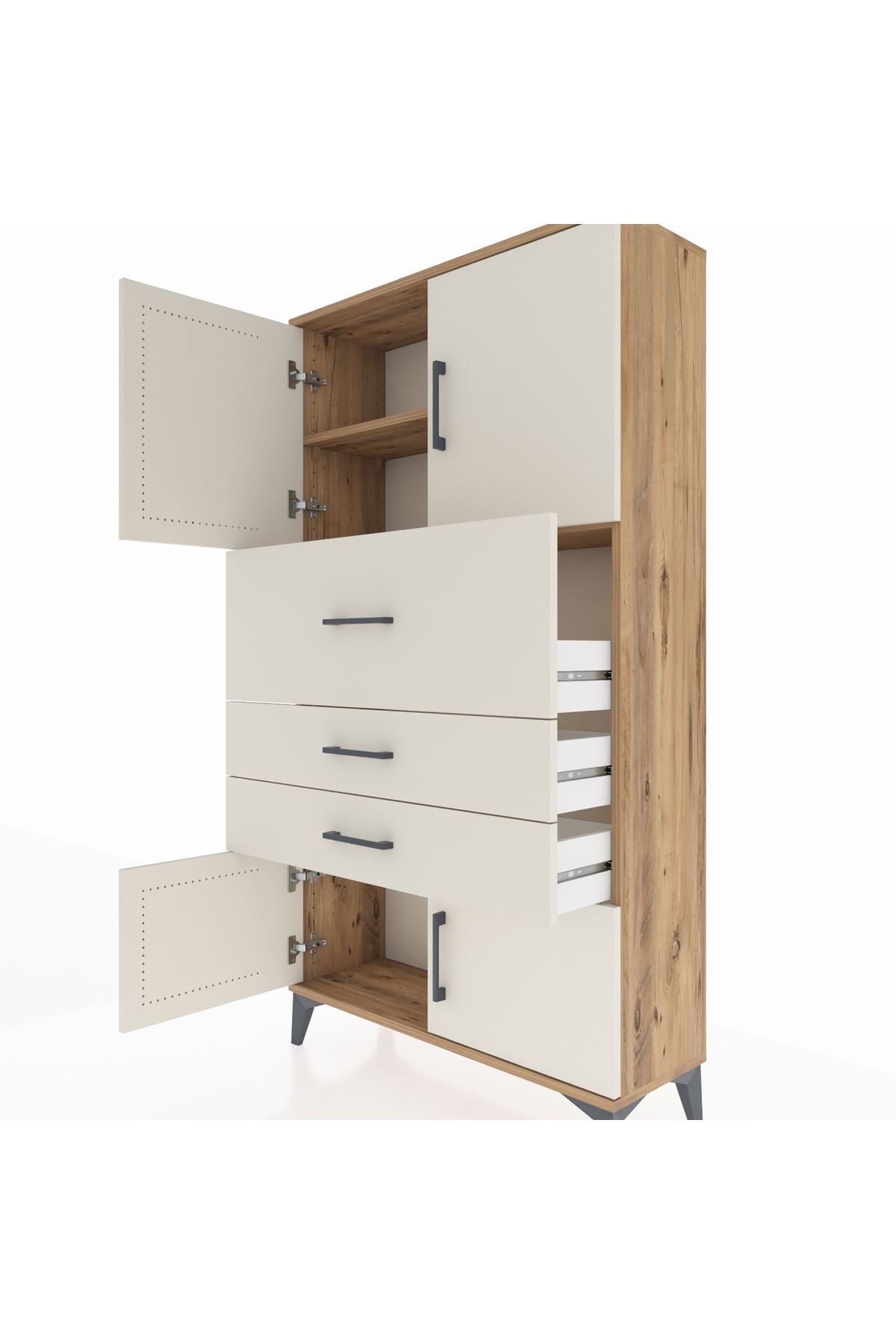 Arges Dolap 2 Raflı 3 Çekmeceli 4 Kapaklı 88x30x163 Çam-Aytaşı