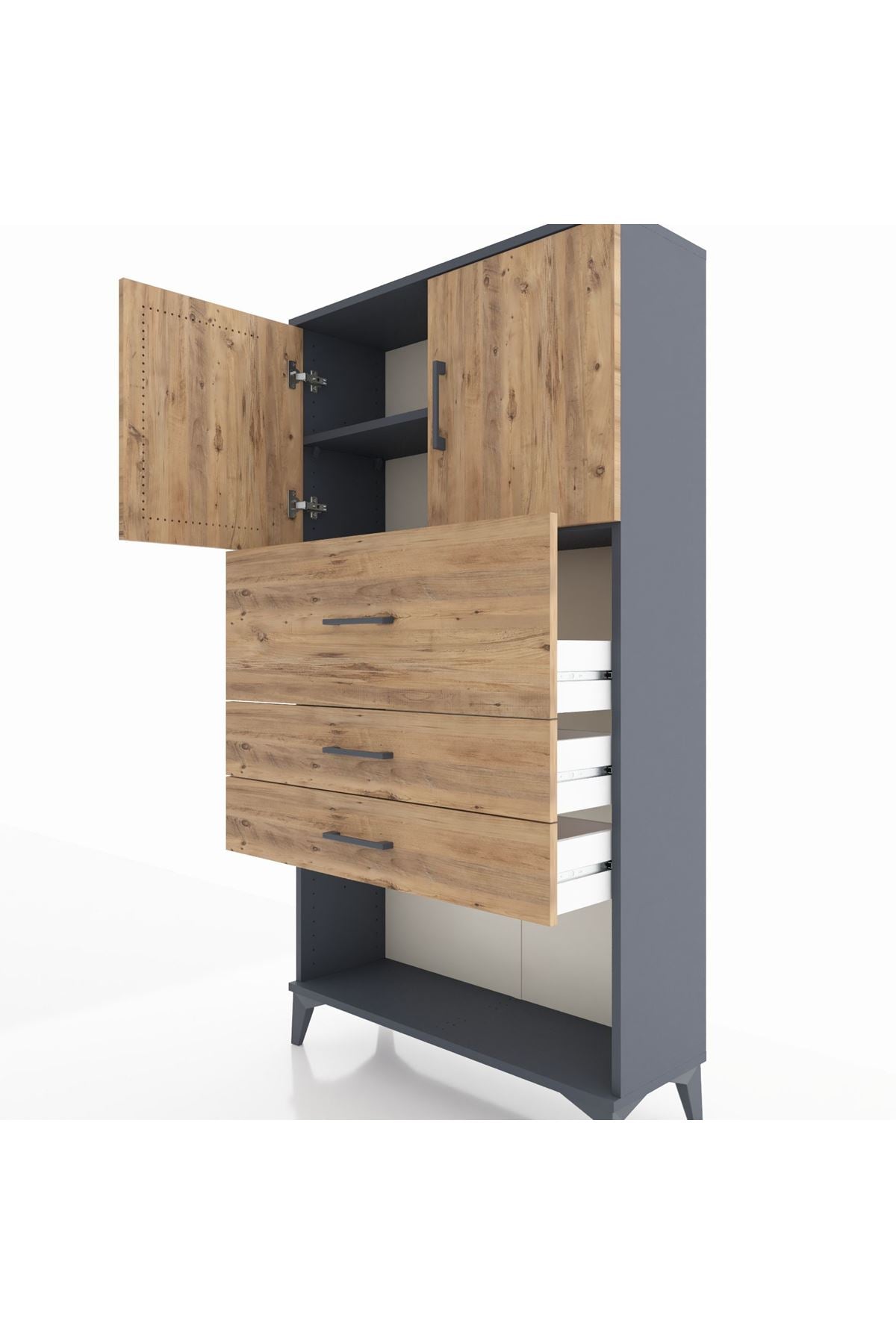 Arges Dolap 2 Raflı 3 Çekmeceli 2 Kapaklı 88x30x163 Antrasit-Çam