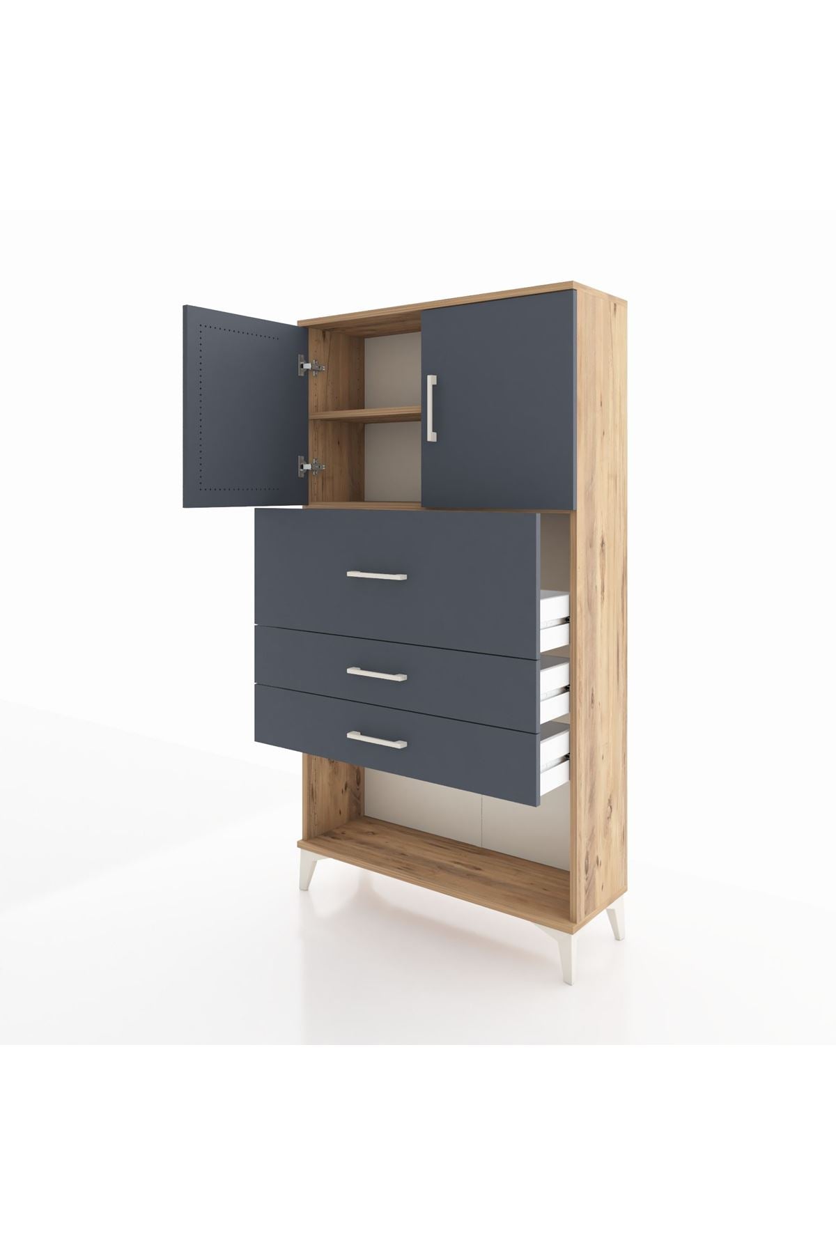 Arges Dolap 2 Raflı 3 Çekmeceli 2 Kapaklı 88x30x163 Çam-Antrasit