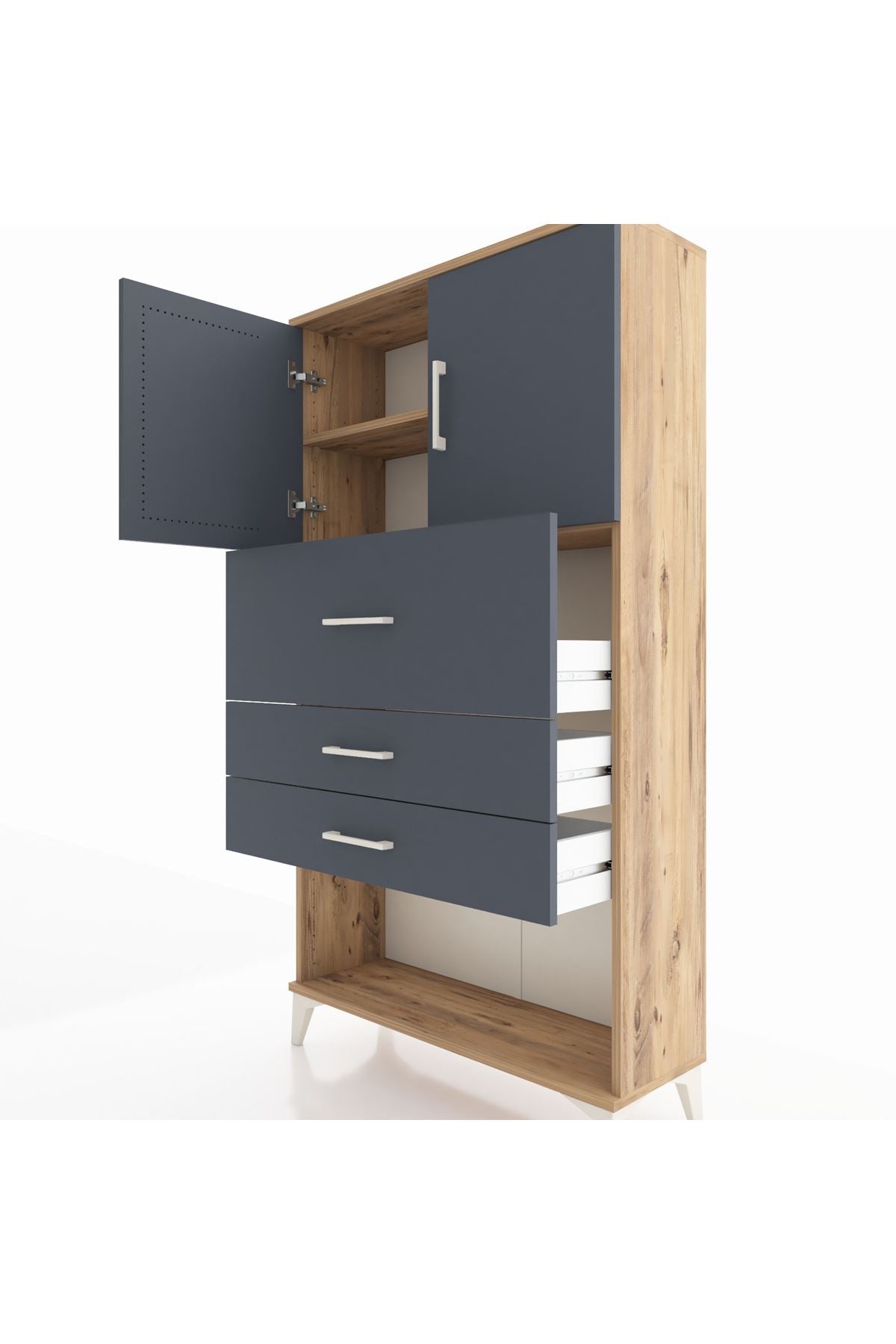 Arges Dolap 2 Raflı 3 Çekmeceli 2 Kapaklı 88x30x163 Çam-Antrasit