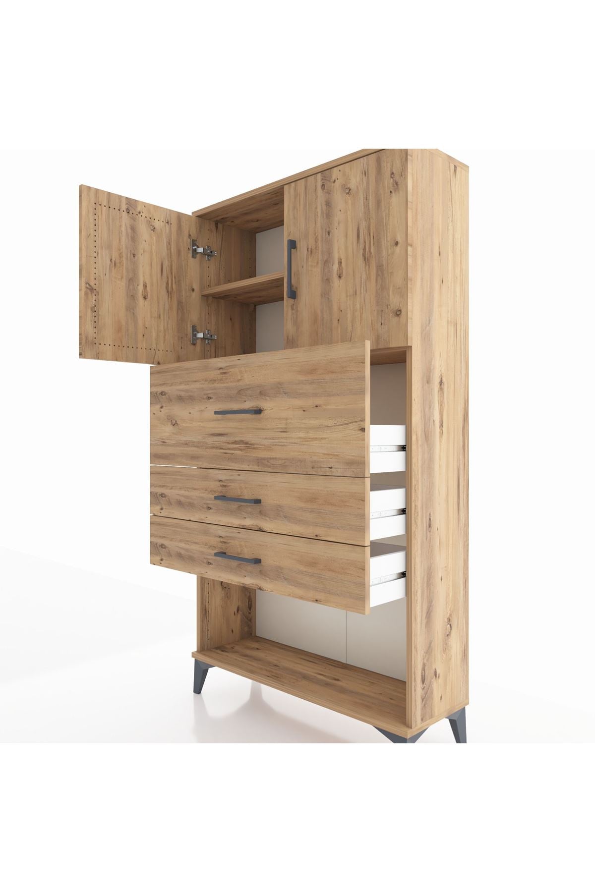 Arges Dolap 2 Raflı 3 Çekmeceli 2 Kapaklı 88x30x163 Çam-Çam