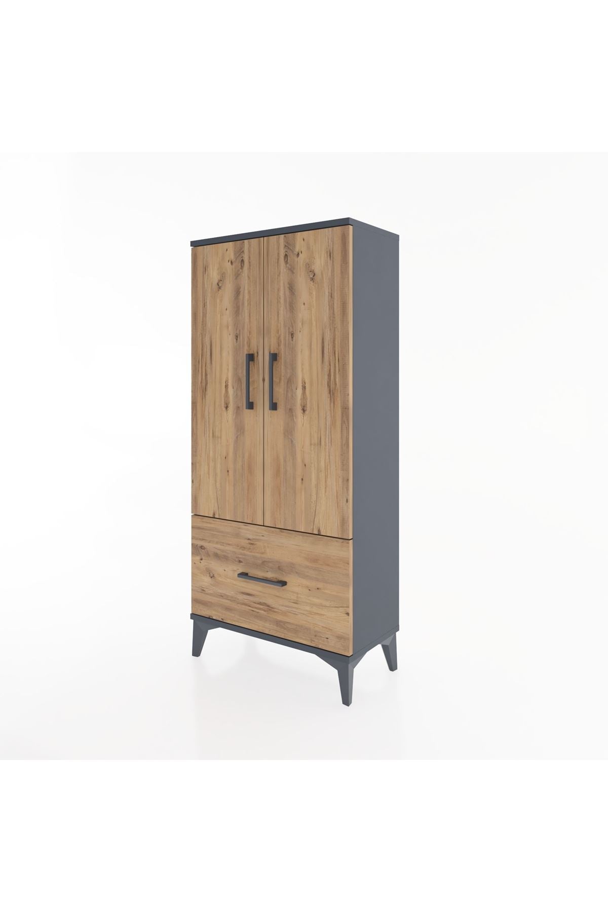 Hyperion Dolap 2 Raflı Tek Çekmeceli 2 Kapaklı 60x44x134 Antrasit-Çam