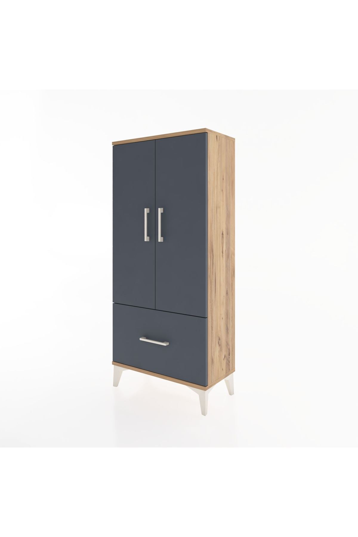 Hyperion Dolap 2 Raflı Tek Çekmeceli 2 Kapaklı 60x44x134 Çam-Antrasit