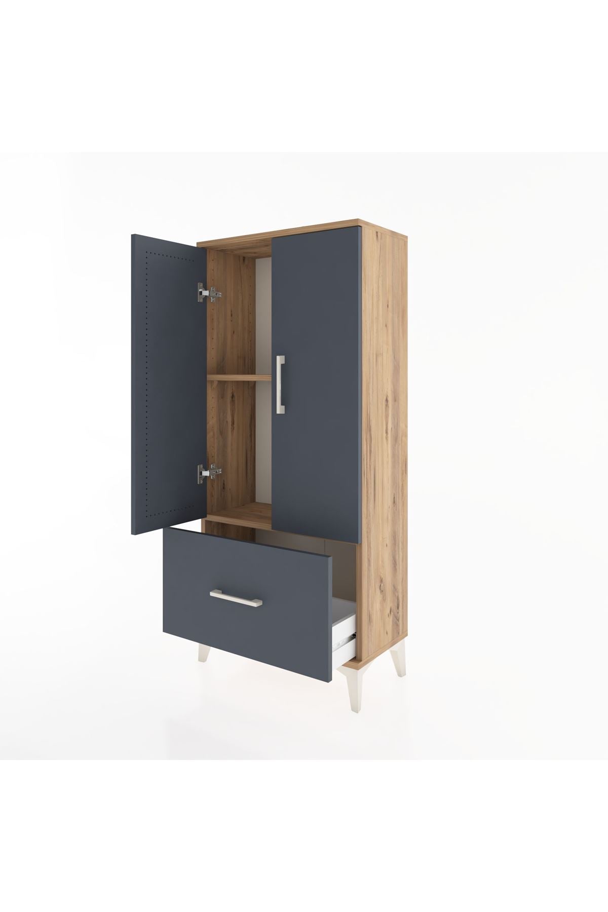 Hyperion Dolap 2 Raflı Tek Çekmeceli 2 Kapaklı 60x44x134 Çam-Antrasit
