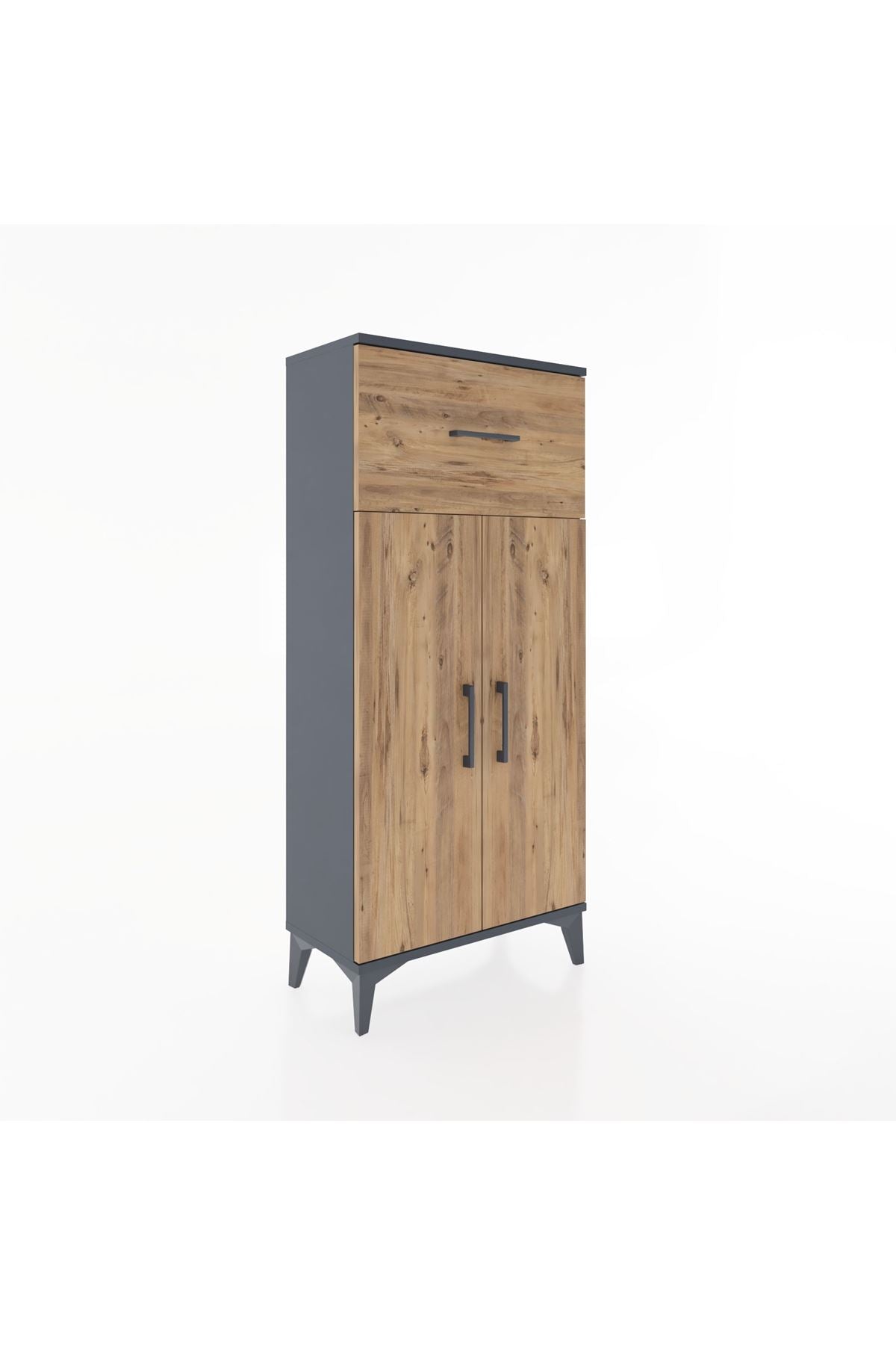 Hyperion Dolap 2 Raflı Tek Çekmeceli 2 Kapaklı 60x44x134 Antrasit-Çam