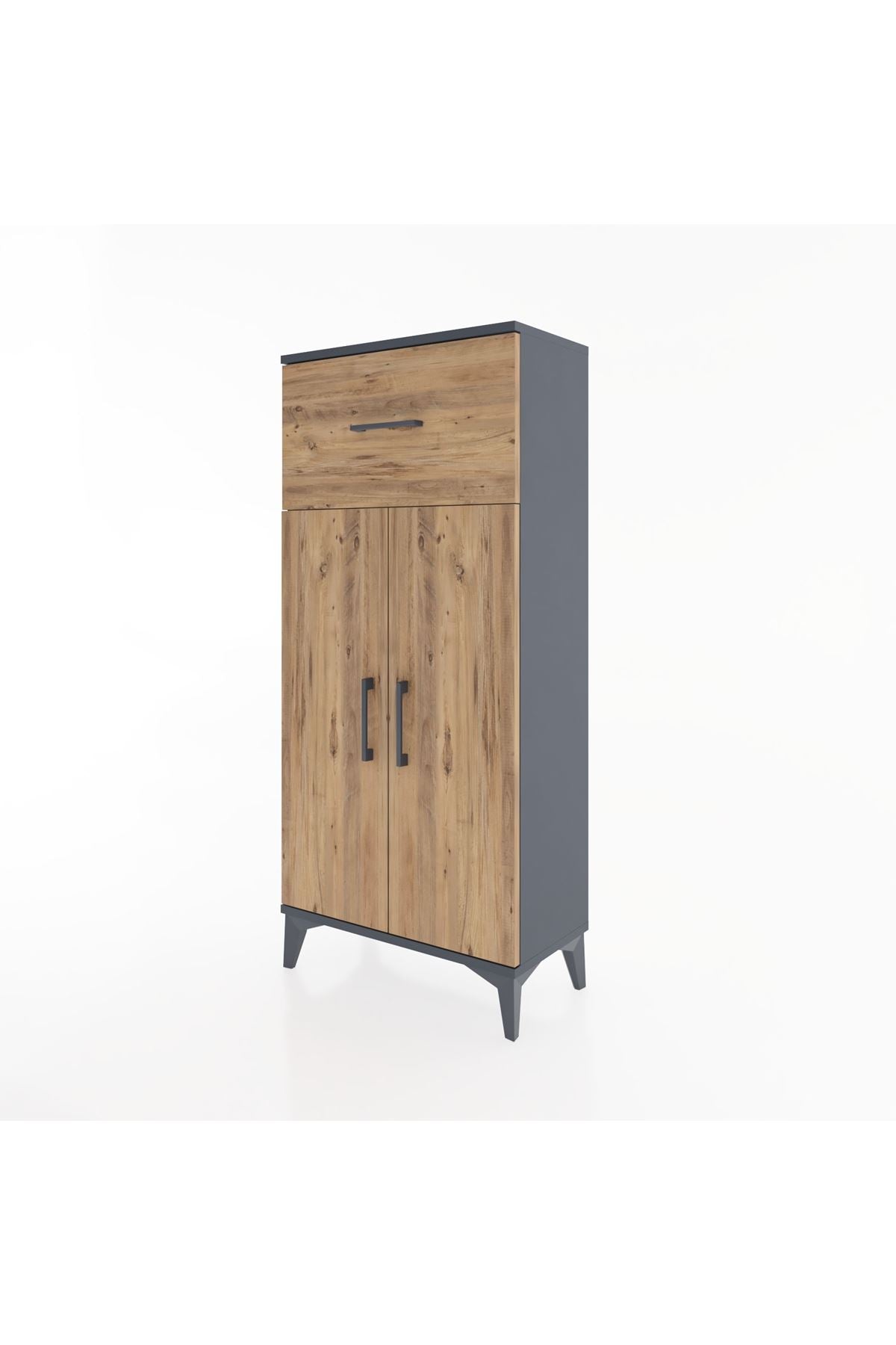 Hyperion Dolap 2 Raflı Tek Çekmeceli 2 Kapaklı 60x44x134 Antrasit-Çam