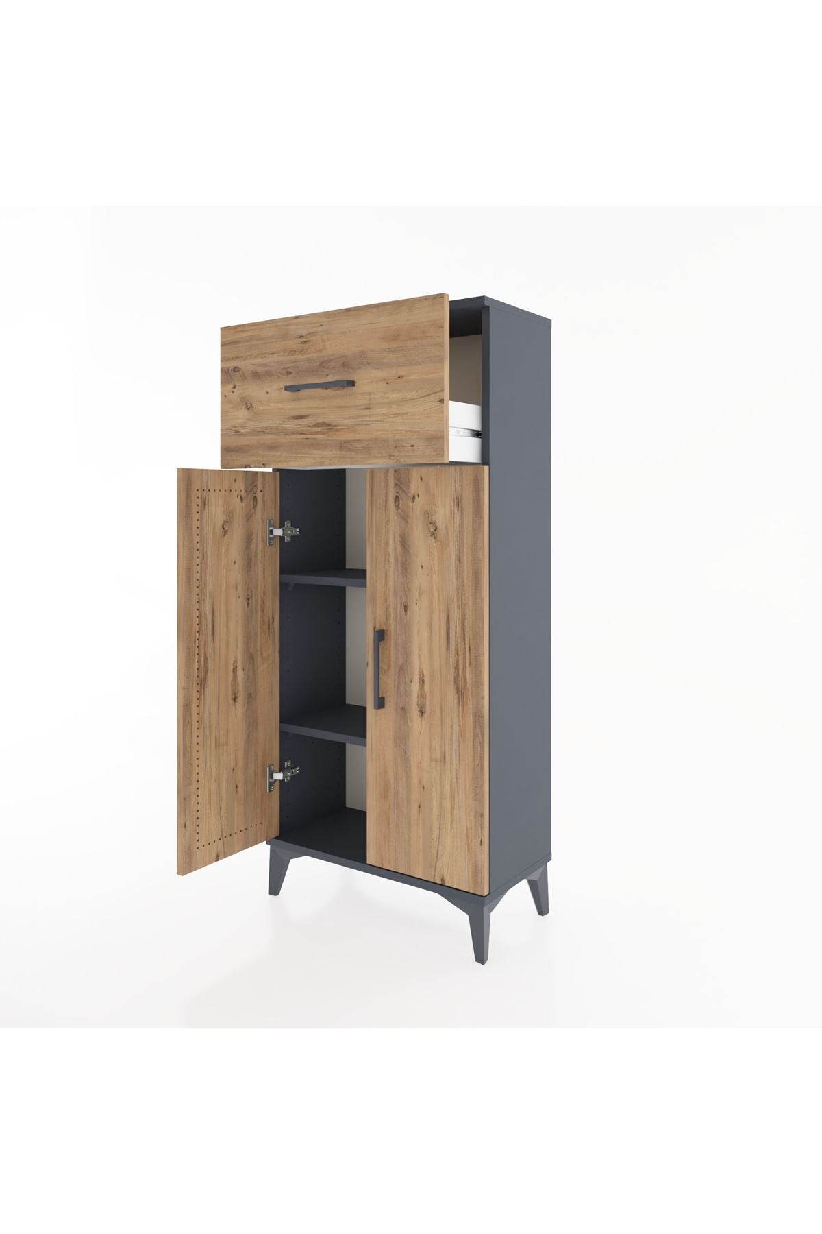 Hyperion Dolap 2 Raflı Tek Çekmeceli 2 Kapaklı 60x44x134 Antrasit-Çam