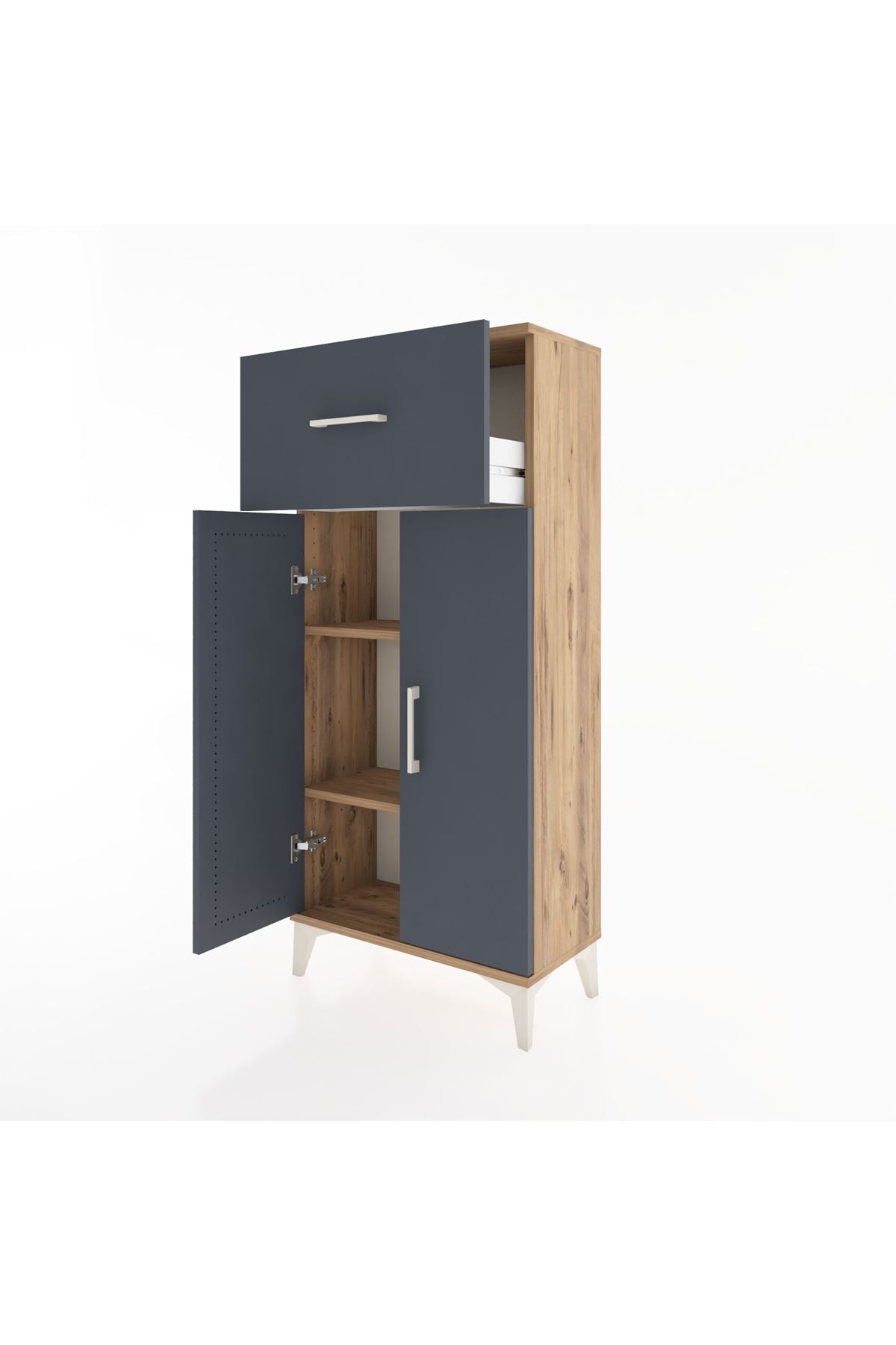 Hyperion Dolap 2 Raflı Tek Çekmeceli 2 Kapaklı 60x44x134 Çam-Antrasit