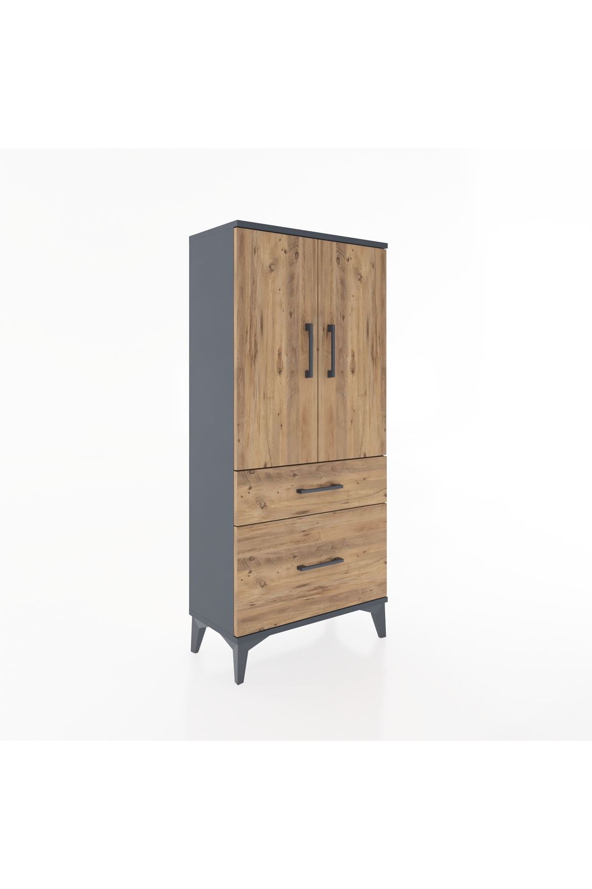 Hyperion Dolap 2 Raflı 2 Çekmeceli 2 Kapaklı 60x44x134 Antrasit-Çam