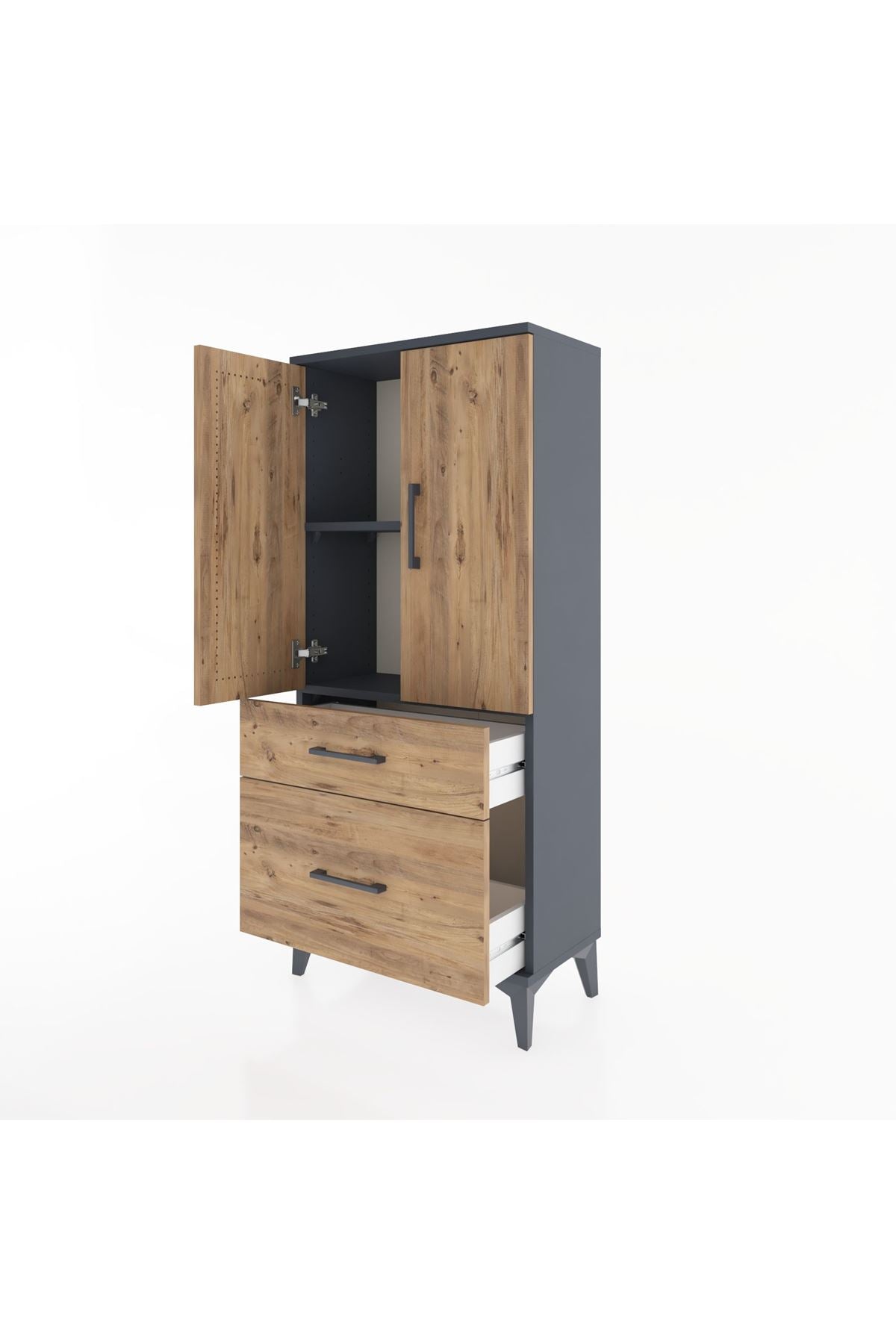 Hyperion Dolap 2 Raflı 2 Çekmeceli 2 Kapaklı 60x44x134 Antrasit-Çam