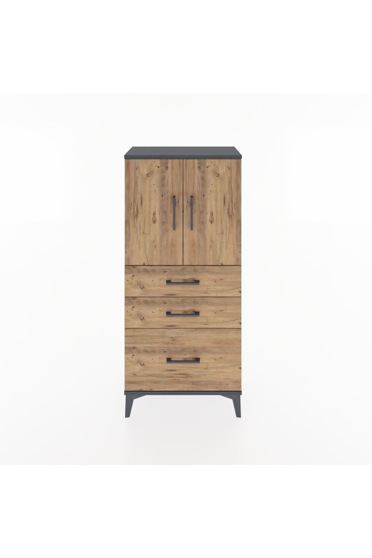 Hyperion Dolap 2 Raflı 3 Çekmeceli 2 Kapaklı 60x44x134 Antrasit-Çam