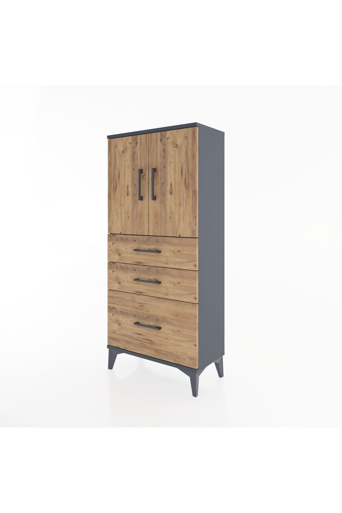 Hyperion Dolap 2 Raflı 3 Çekmeceli 2 Kapaklı 60x44x134 Antrasit-Çam