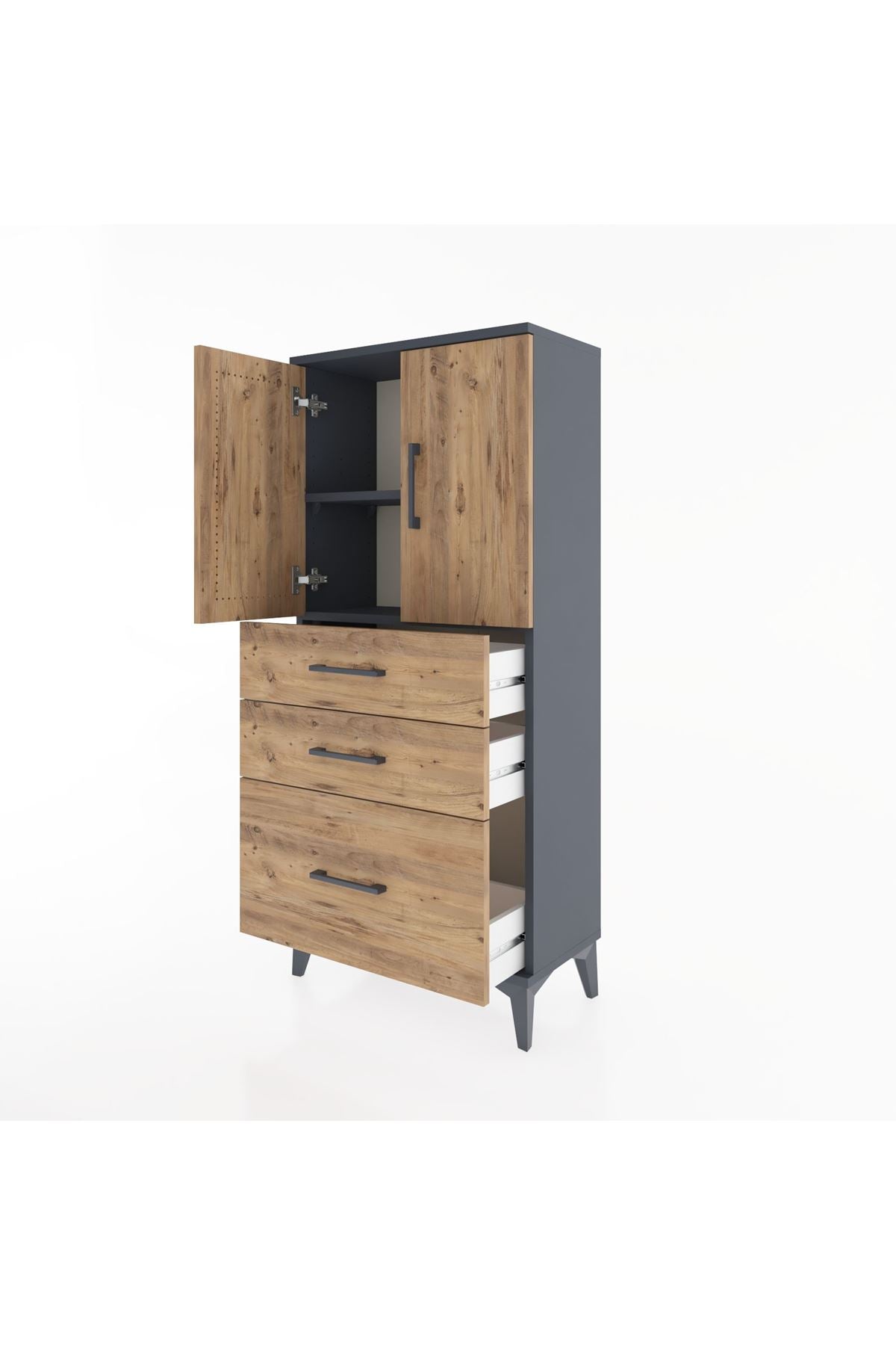 Hyperion Dolap 2 Raflı 3 Çekmeceli 2 Kapaklı 60x44x134 Antrasit-Çam