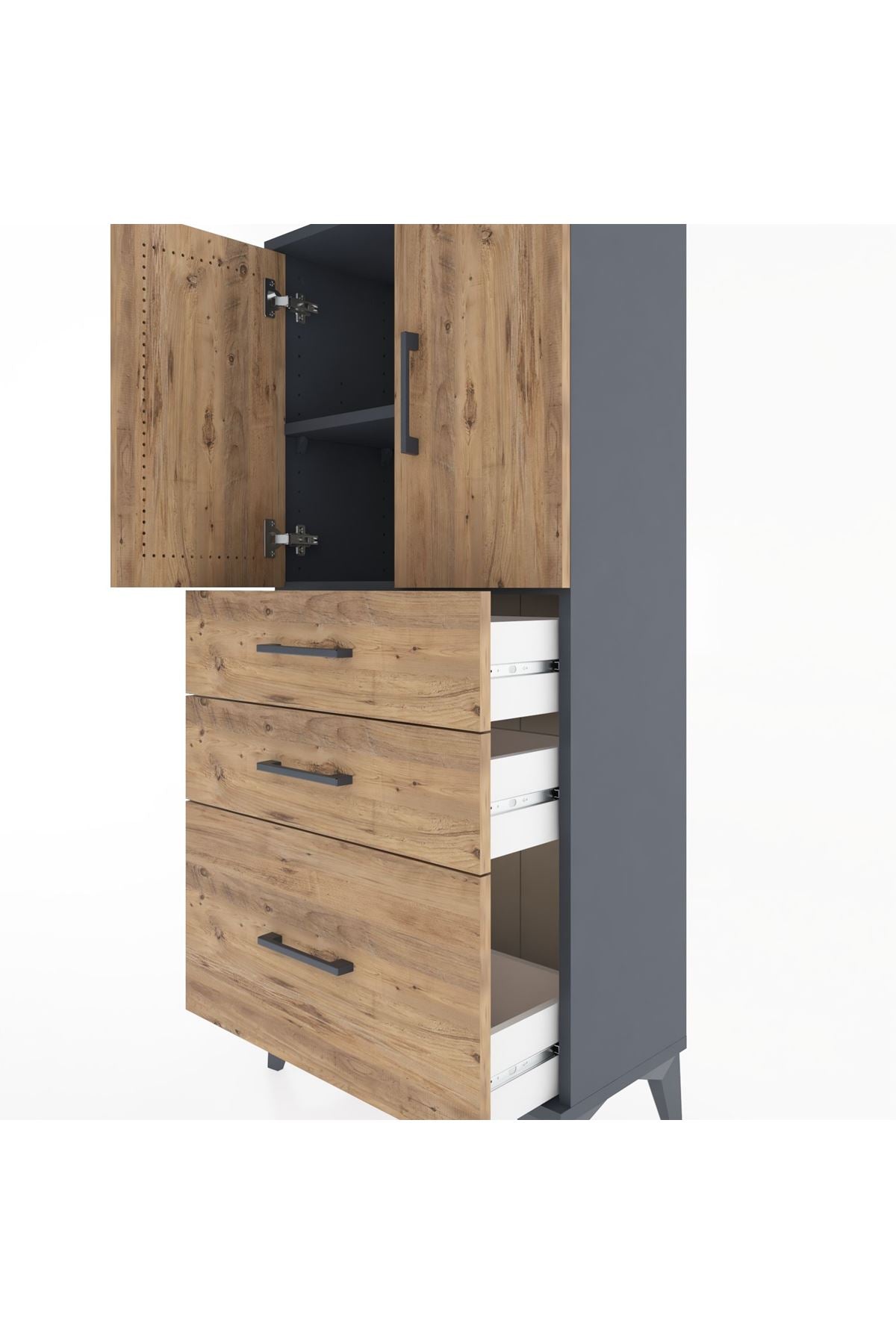 Hyperion Dolap 2 Raflı 3 Çekmeceli 2 Kapaklı 60x44x134 Antrasit-Çam