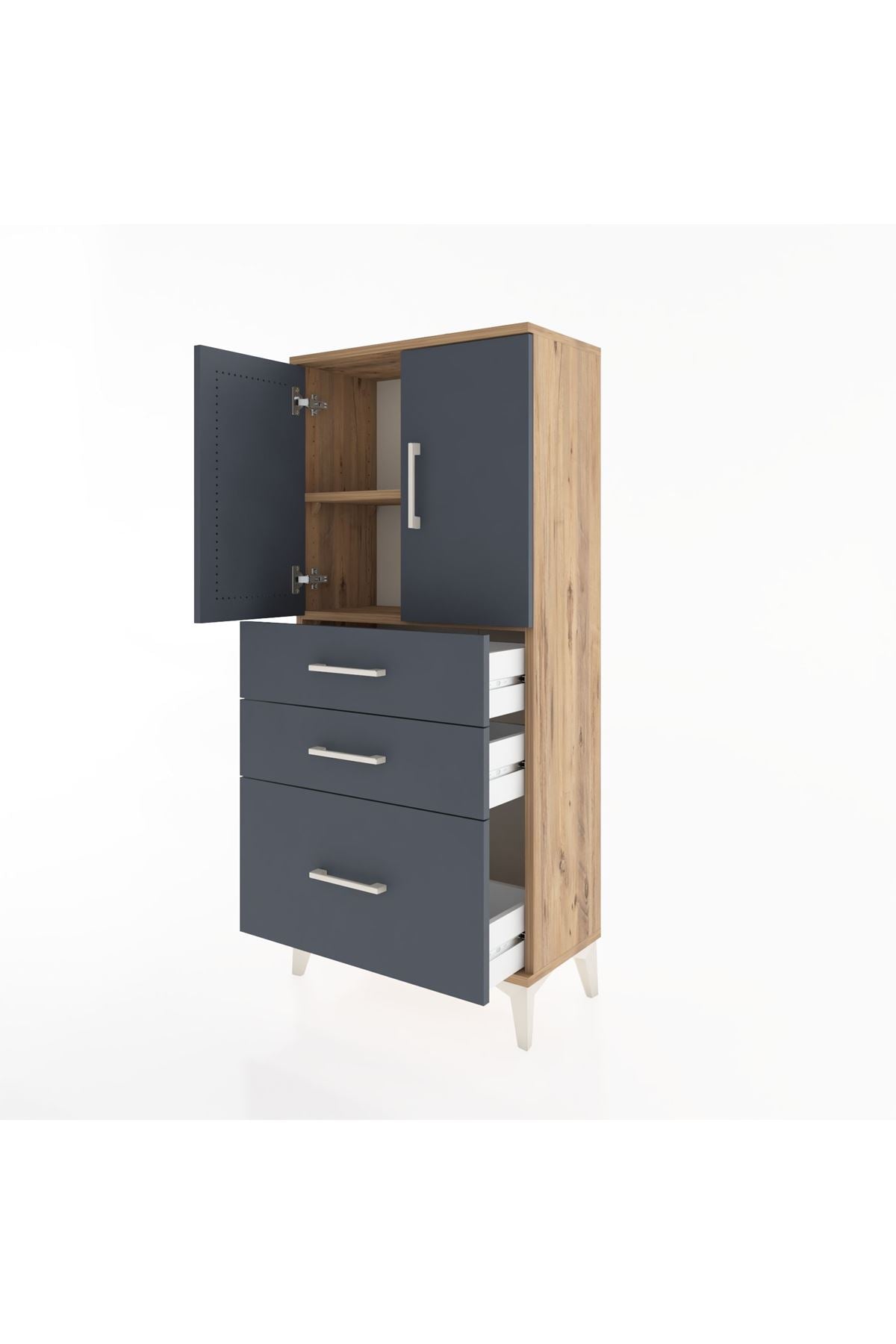 Hyperion Dolap 2 Raflı 3 Çekmeceli 2 Kapaklı 60x44x134 Çam-Antrasit