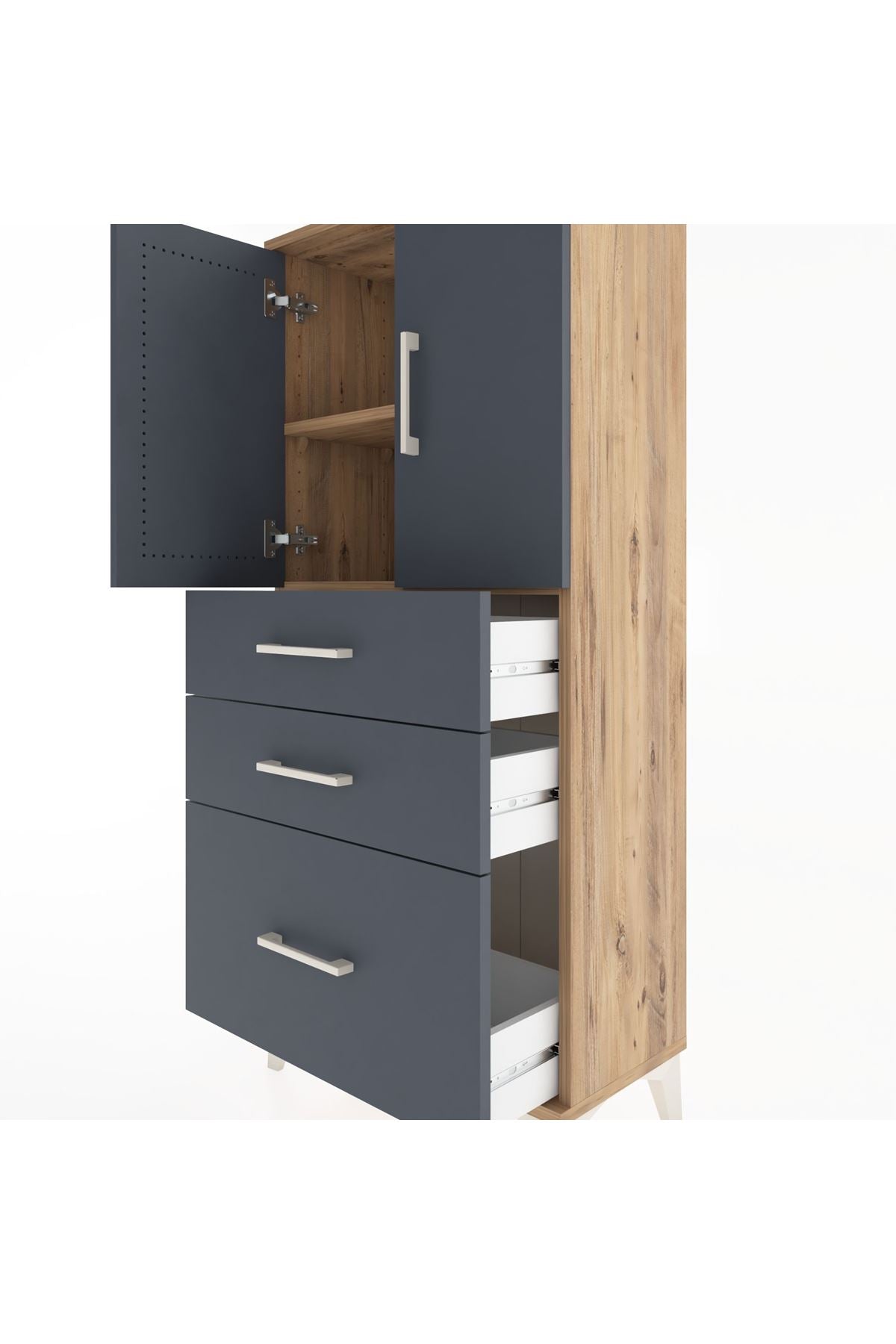 Hyperion Dolap 2 Raflı 3 Çekmeceli 2 Kapaklı 60x44x134 Çam-Antrasit