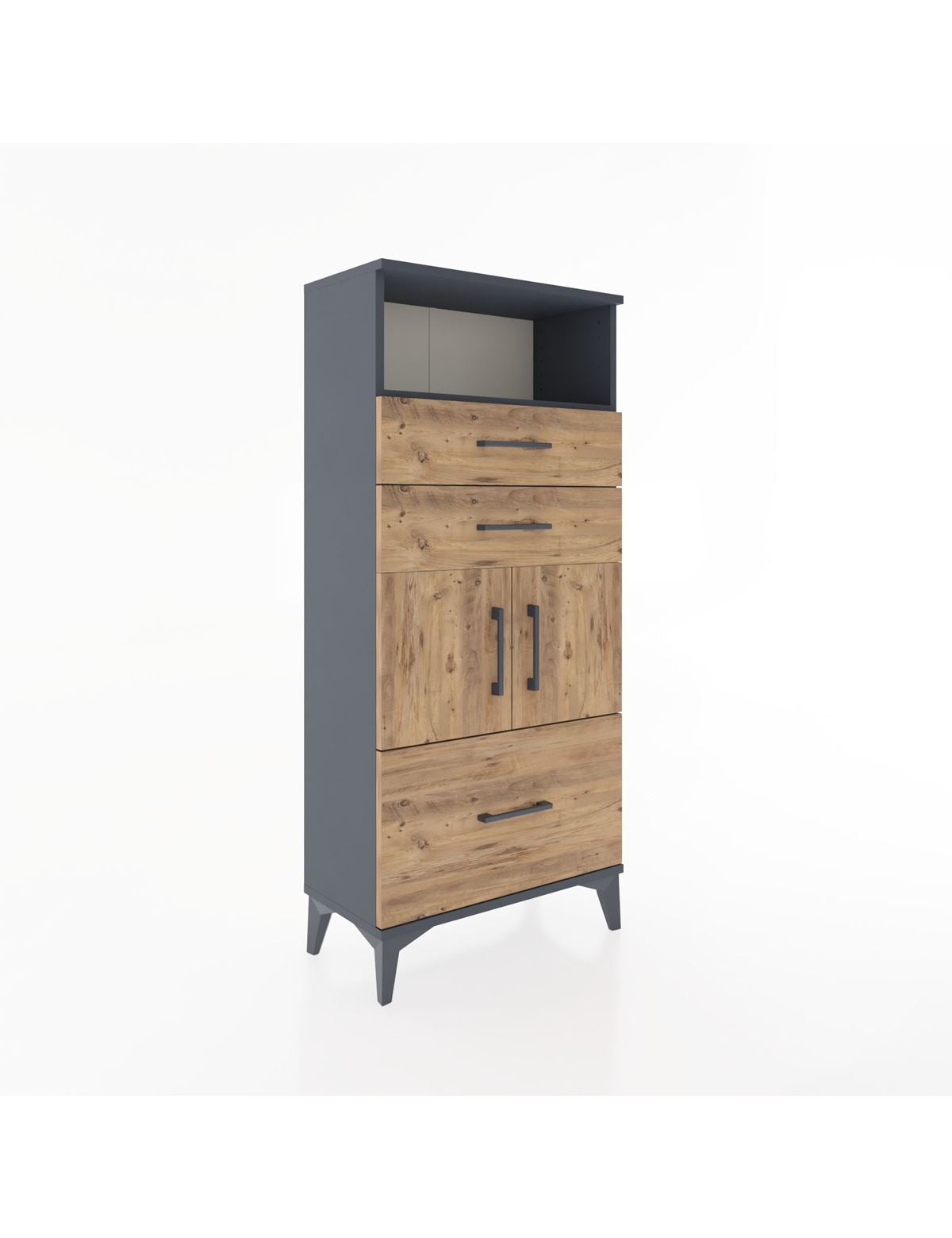 Hyperion Dolap 2 Raflı 3 Çekmeceli 2 Kapaklı 60x44x134 Antrasit-Çam