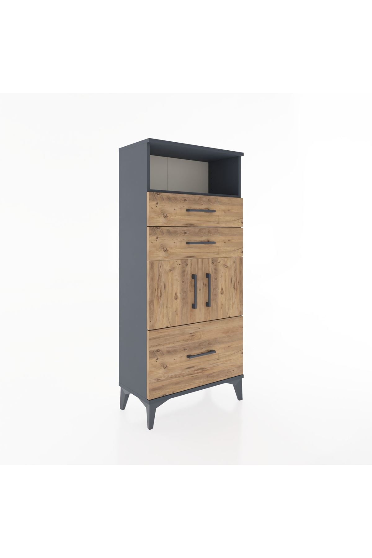 Hyperion Dolap 2 Raflı 3 Çekmeceli 2 Kapaklı 60x44x134 Antrasit-Çam