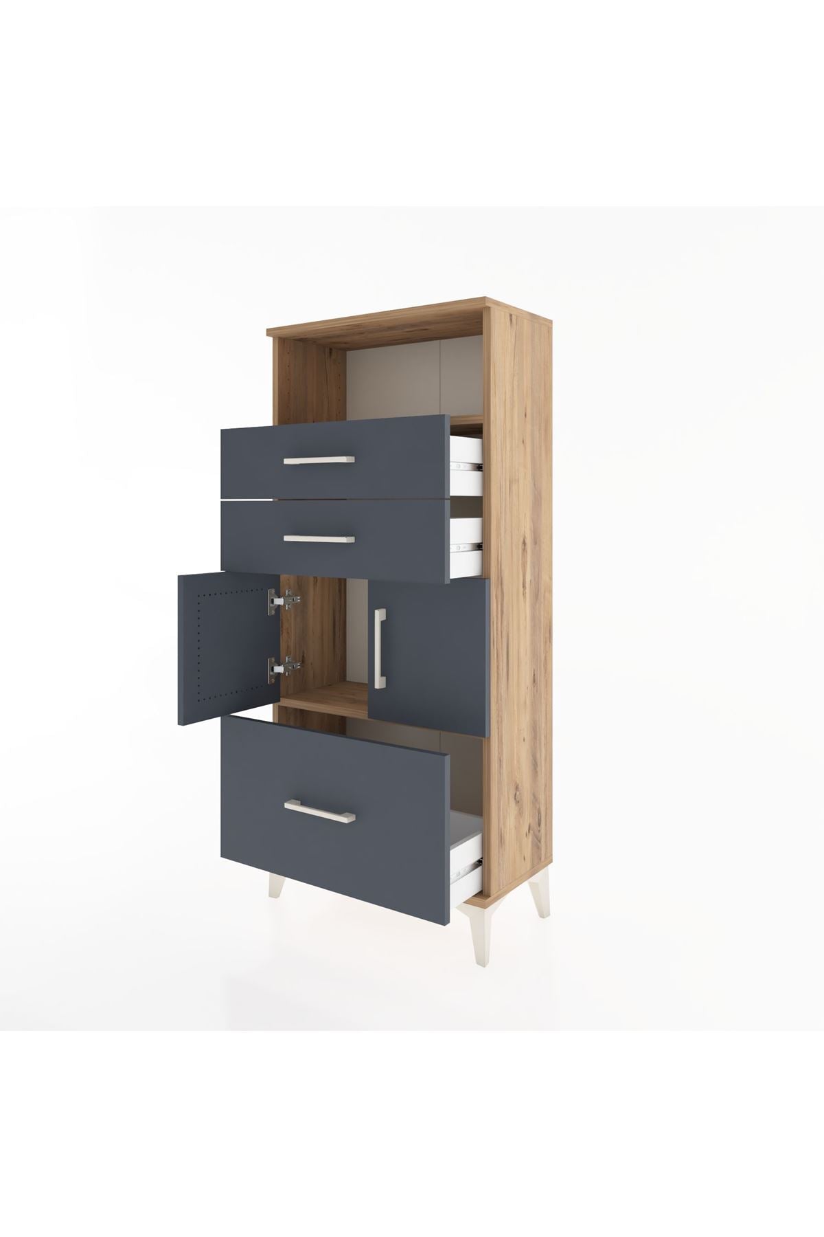 Hyperion Dolap 2 Raflı 3 Çekmeceli 2 Kapaklı 60x44x134 Çam-Antrasit