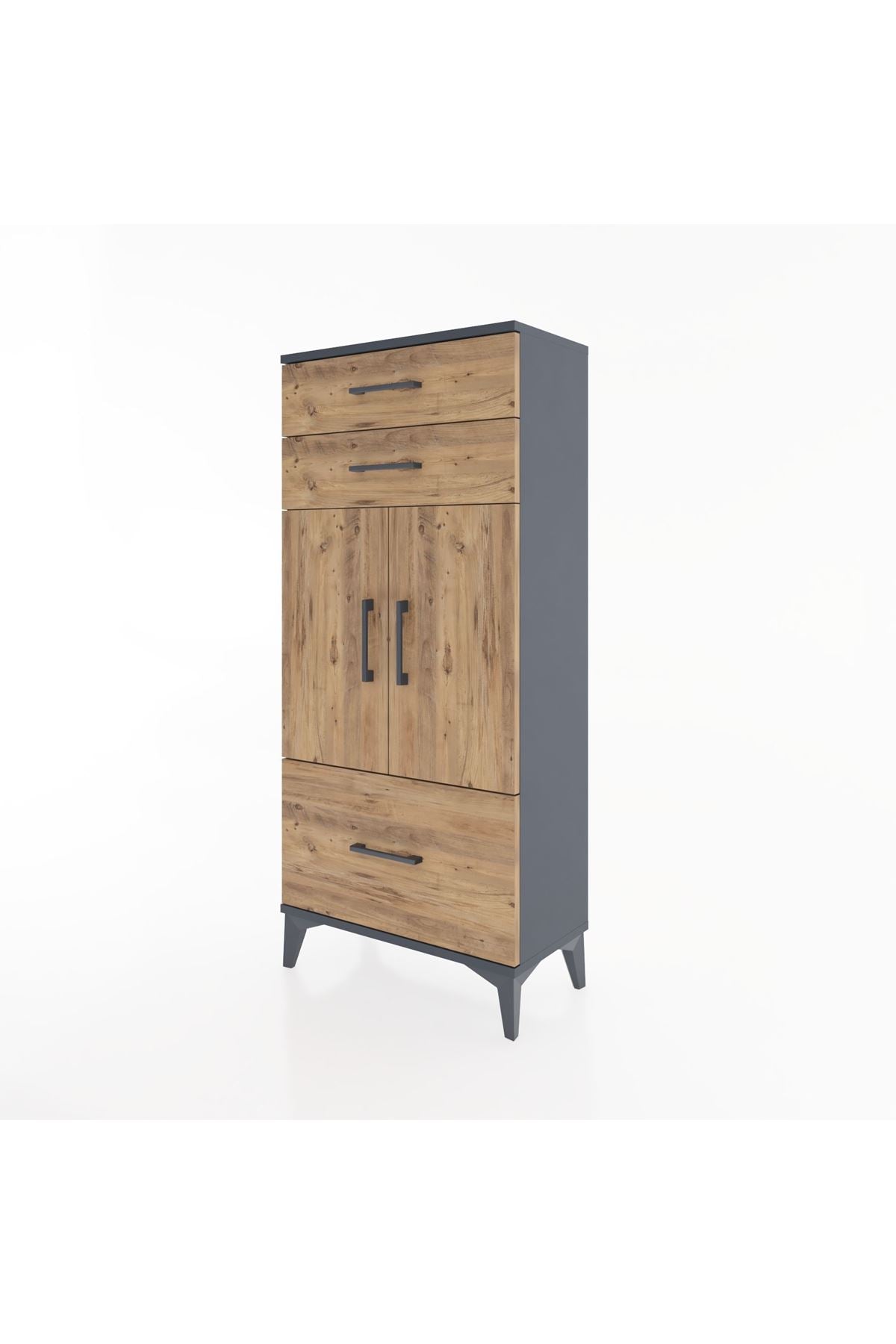 Hyperion Dolap 2 Raflı 3 Çekmeceli 2 Kapaklı 60x44x134 Antrasit-Çam