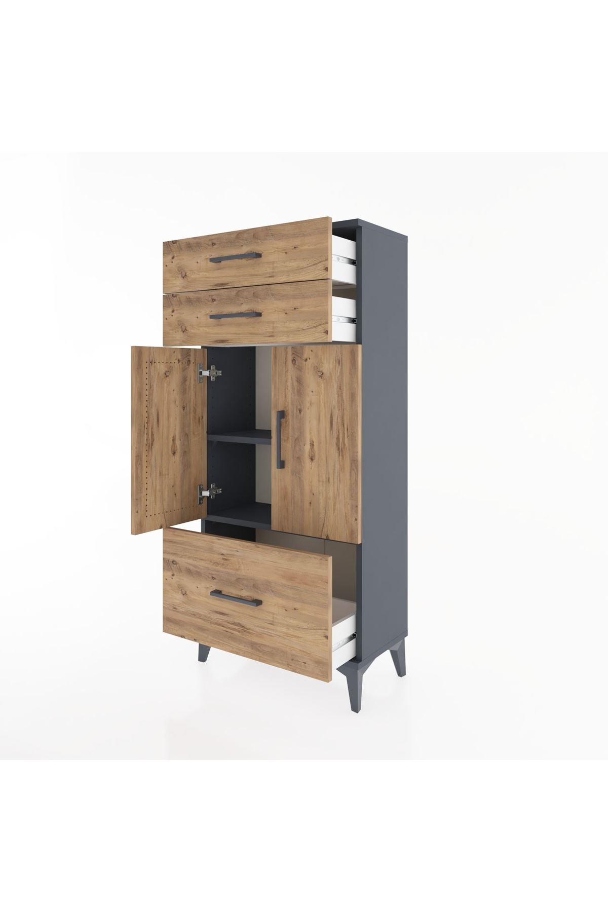 Hyperion Dolap 2 Raflı 3 Çekmeceli 2 Kapaklı 60x44x134 Antrasit-Çam