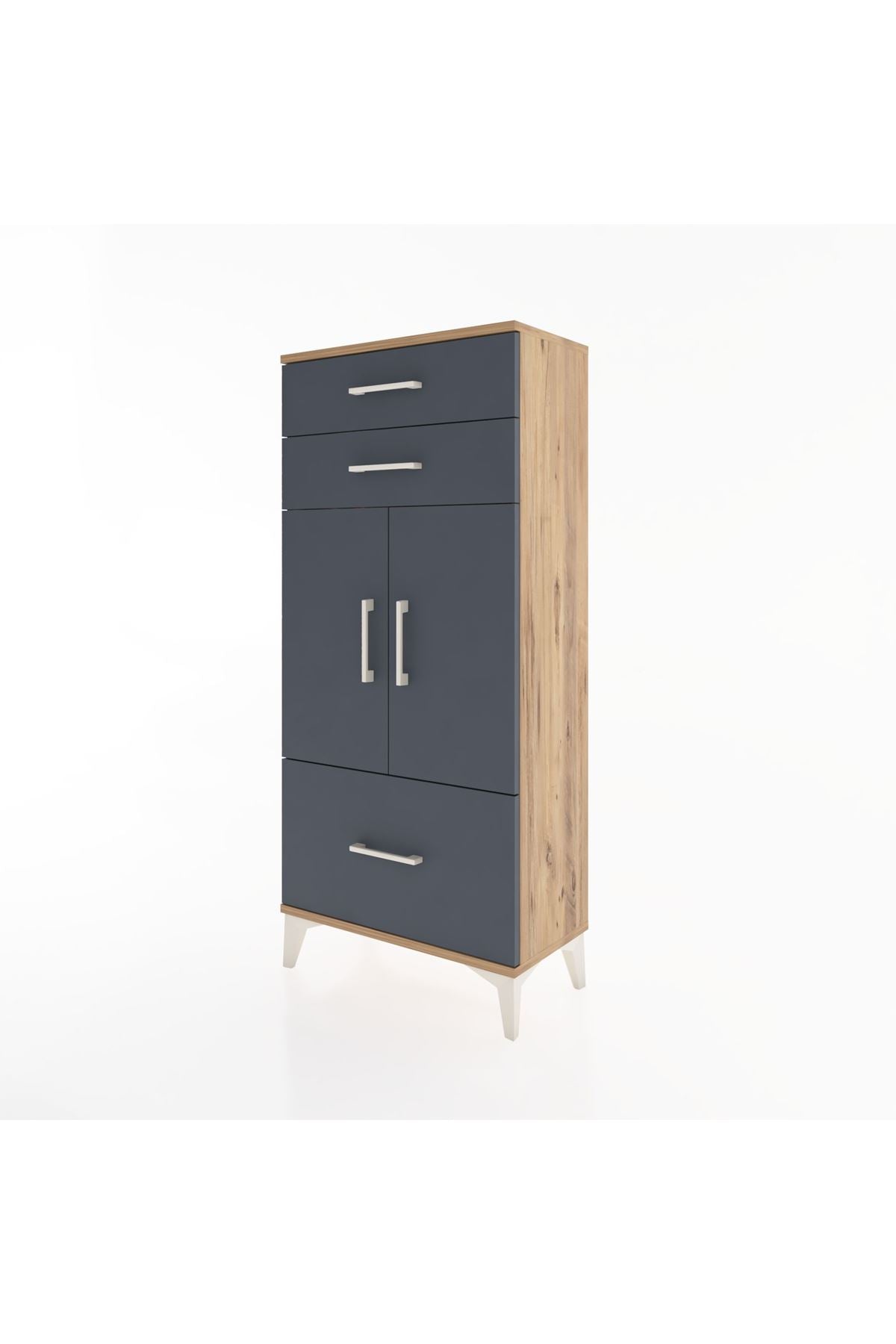 Hyperion Dolap 2 Raflı 3 Çekmeceli 2 Kapaklı 60x44x134 Çam-Antrasit