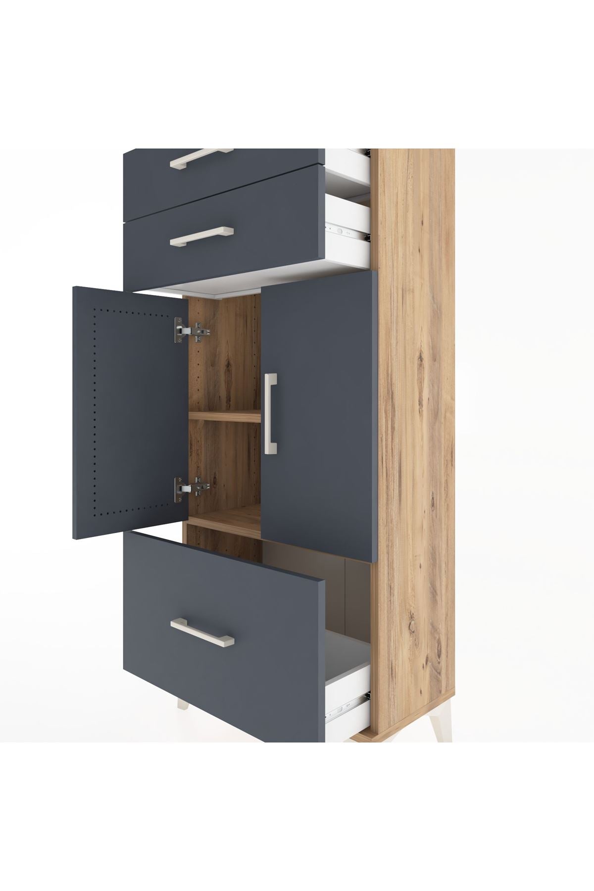 Hyperion Dolap 2 Raflı 3 Çekmeceli 2 Kapaklı 60x44x134 Çam-Antrasit