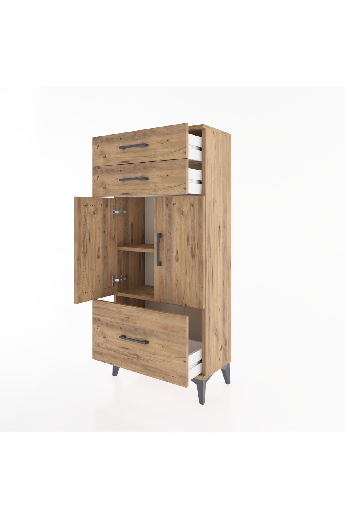 Hyperion Dolap 2 Raflı 3 Çekmeceli 2 Kapaklı 60x44x134 Çam-Çam