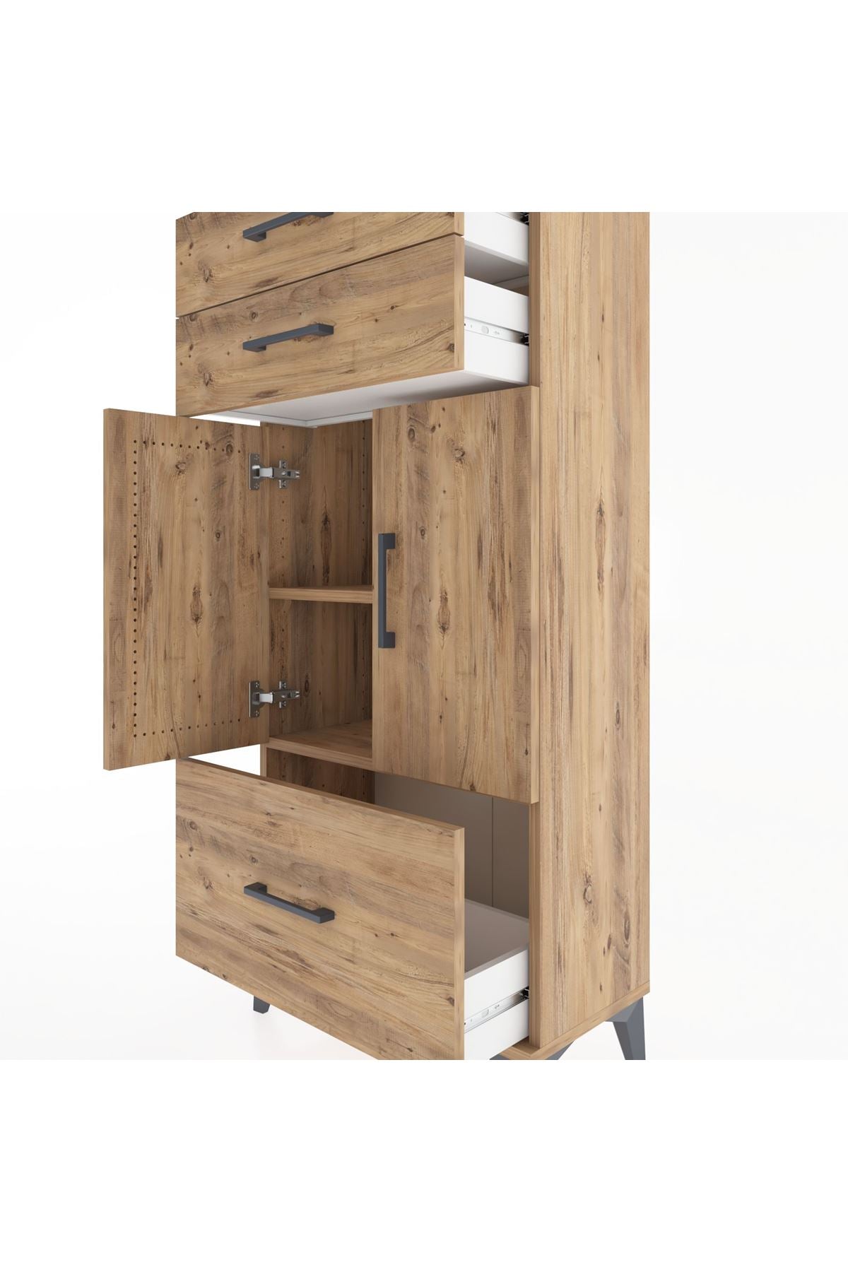 Hyperion Dolap 2 Raflı 3 Çekmeceli 2 Kapaklı 60x44x134 Çam-Çam