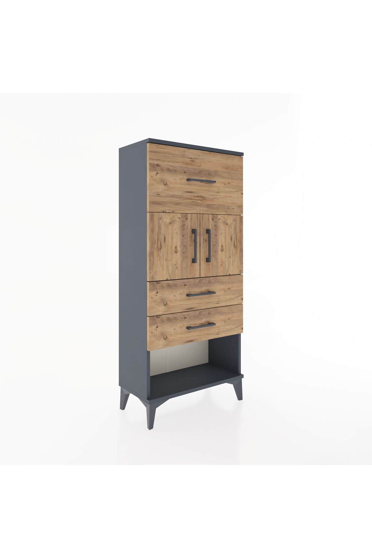 Hyperion Dolap 2 Raflı 3 Çekmeceli 2 Kapaklı 60x44x134 Antrasit-Çam