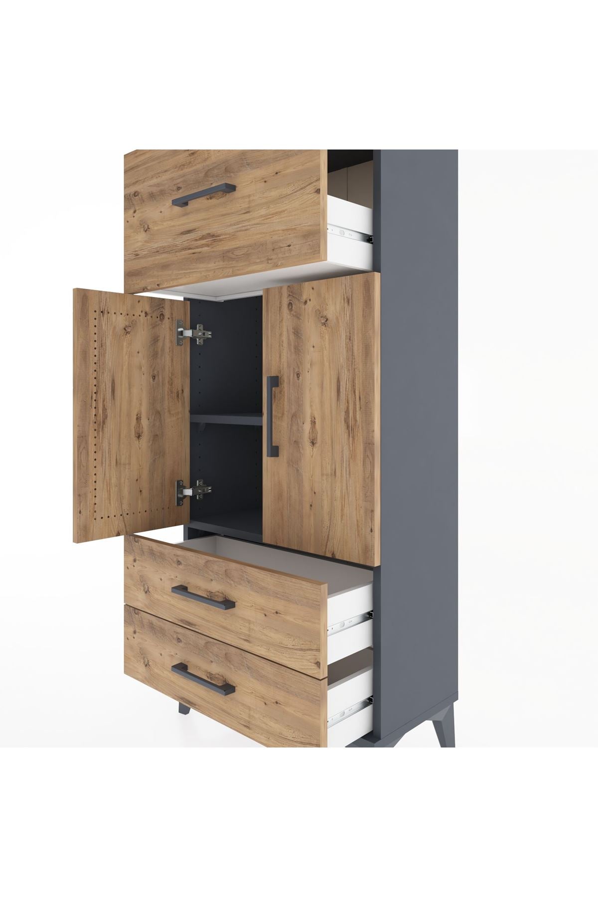 Hyperion Dolap 2 Raflı 3 Çekmeceli 2 Kapaklı 60x44x134 Antrasit-Çam