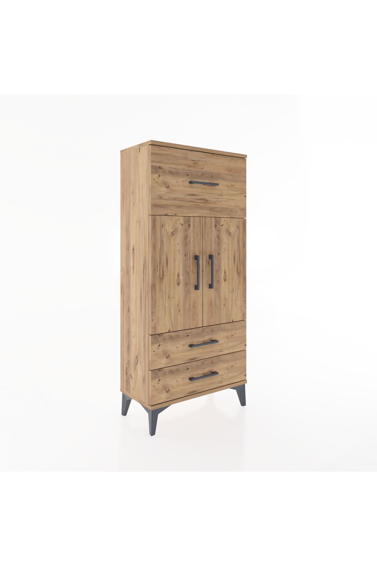 Hyperion Dolap 2 Raflı 3 Çekmeceli 2 Kapaklı 60x44x134 Çam-Çam