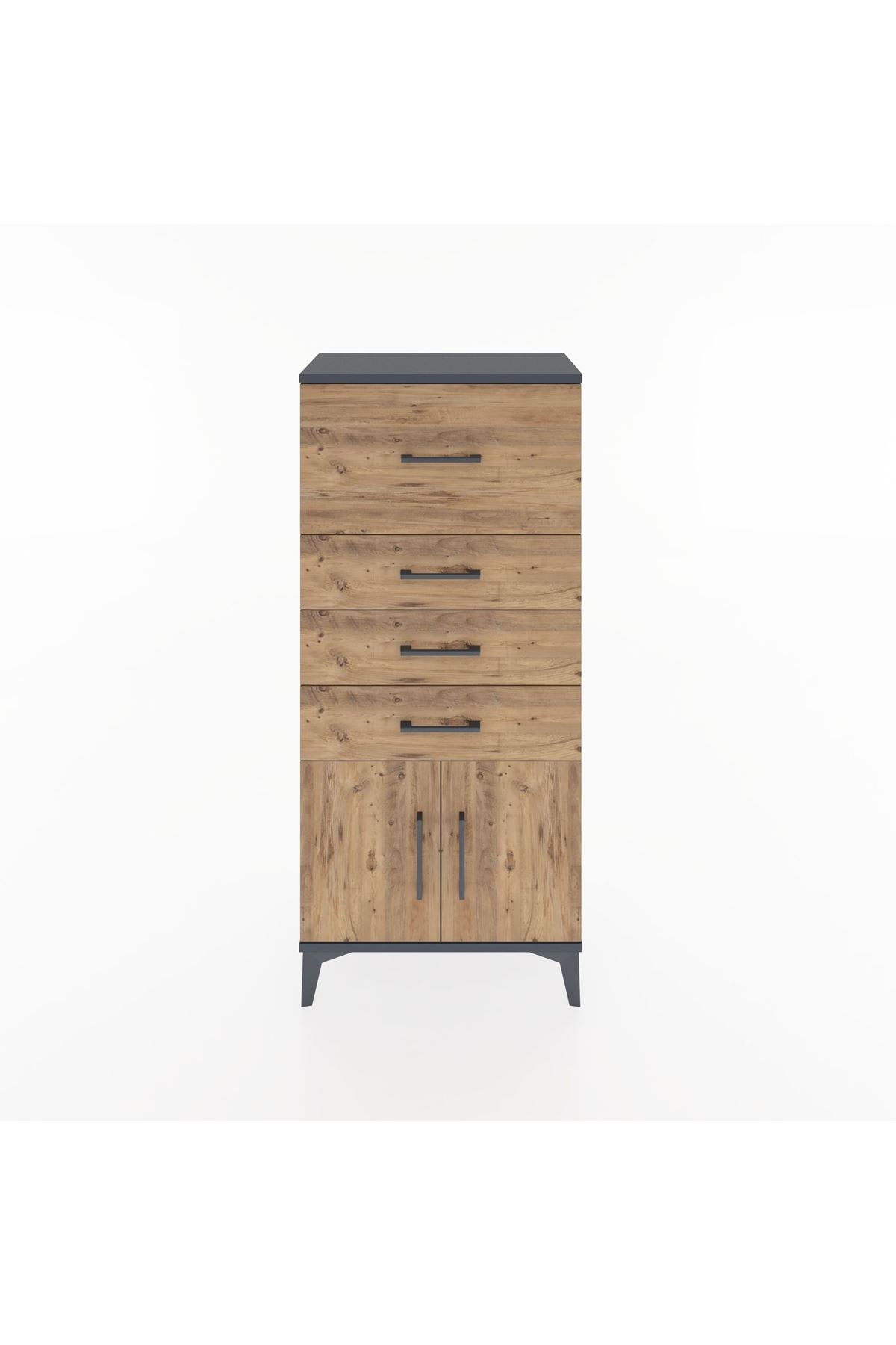 Hyperion Dolap 4 Çekmeceli 2 Kapaklı 60x44x134 Antrasit-Çam