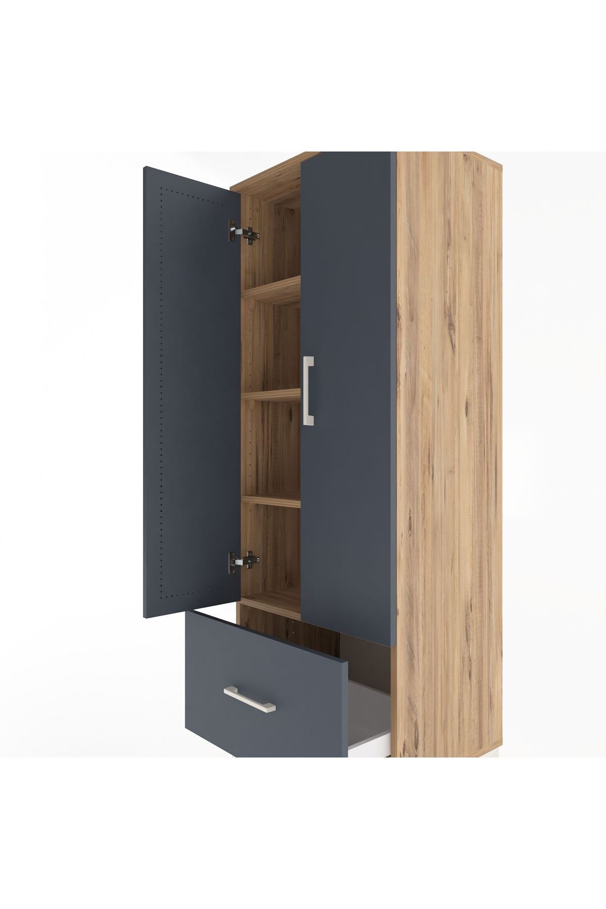 Hyperion Dolap 4 Raflı Tek Çekmeceli 2 Kapaklı 60x44x163 Çam-Antrasit