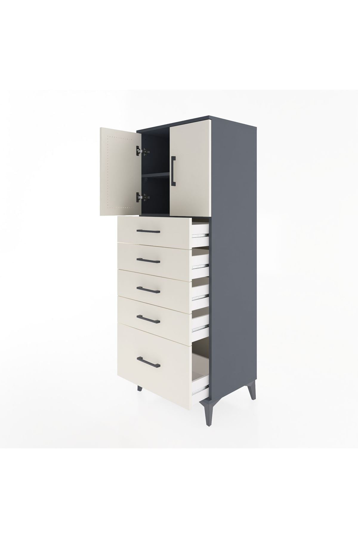 Hyperion Dolap 2 Raflı 5 Çekmeceli 2 Kapaklı 60x44x163 Antrasit-Aytaşı