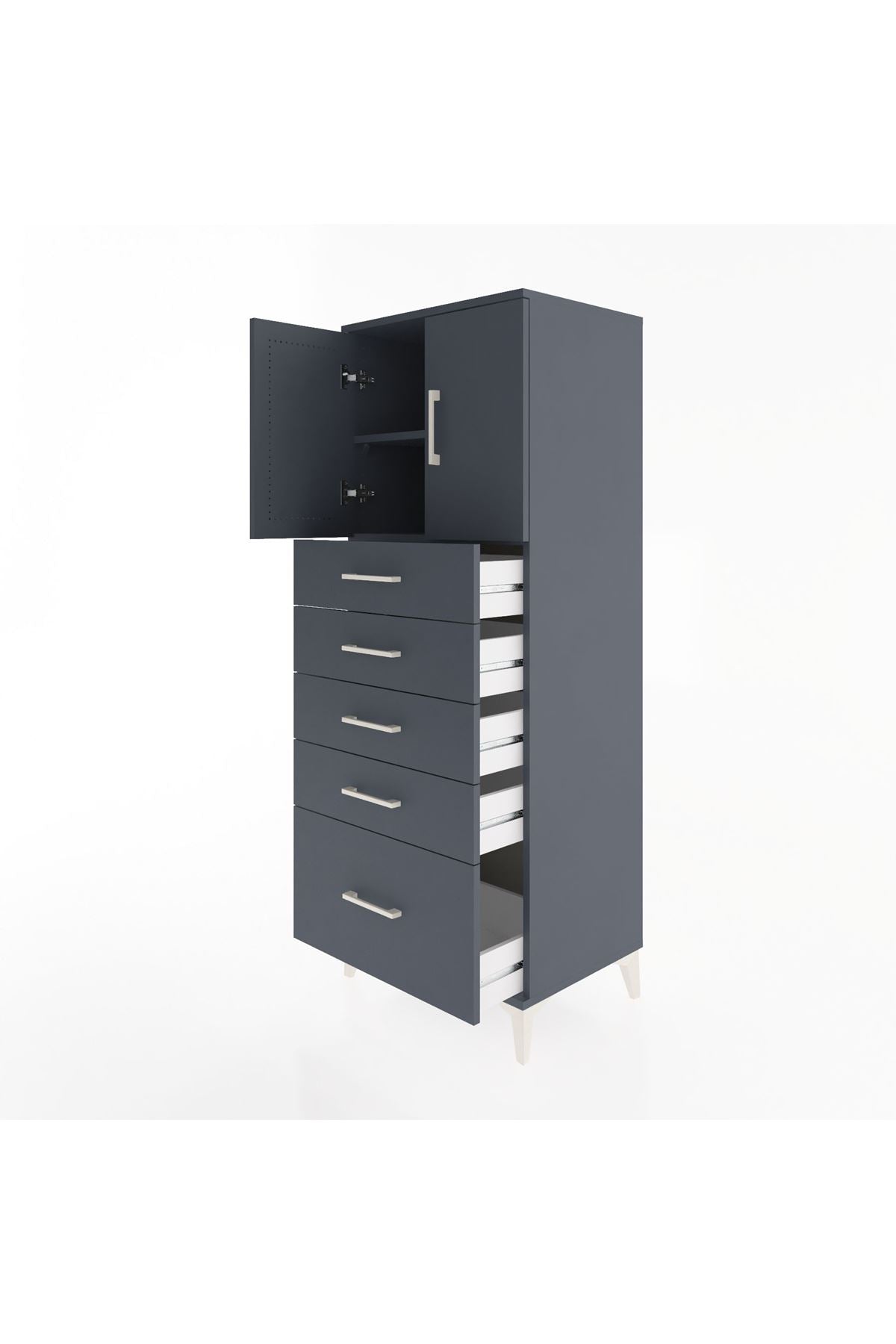 Hyperion Dolap 2 Raflı 5 Çekmeceli 2 Kapaklı 60x44x163 Antrasit-Antrasit