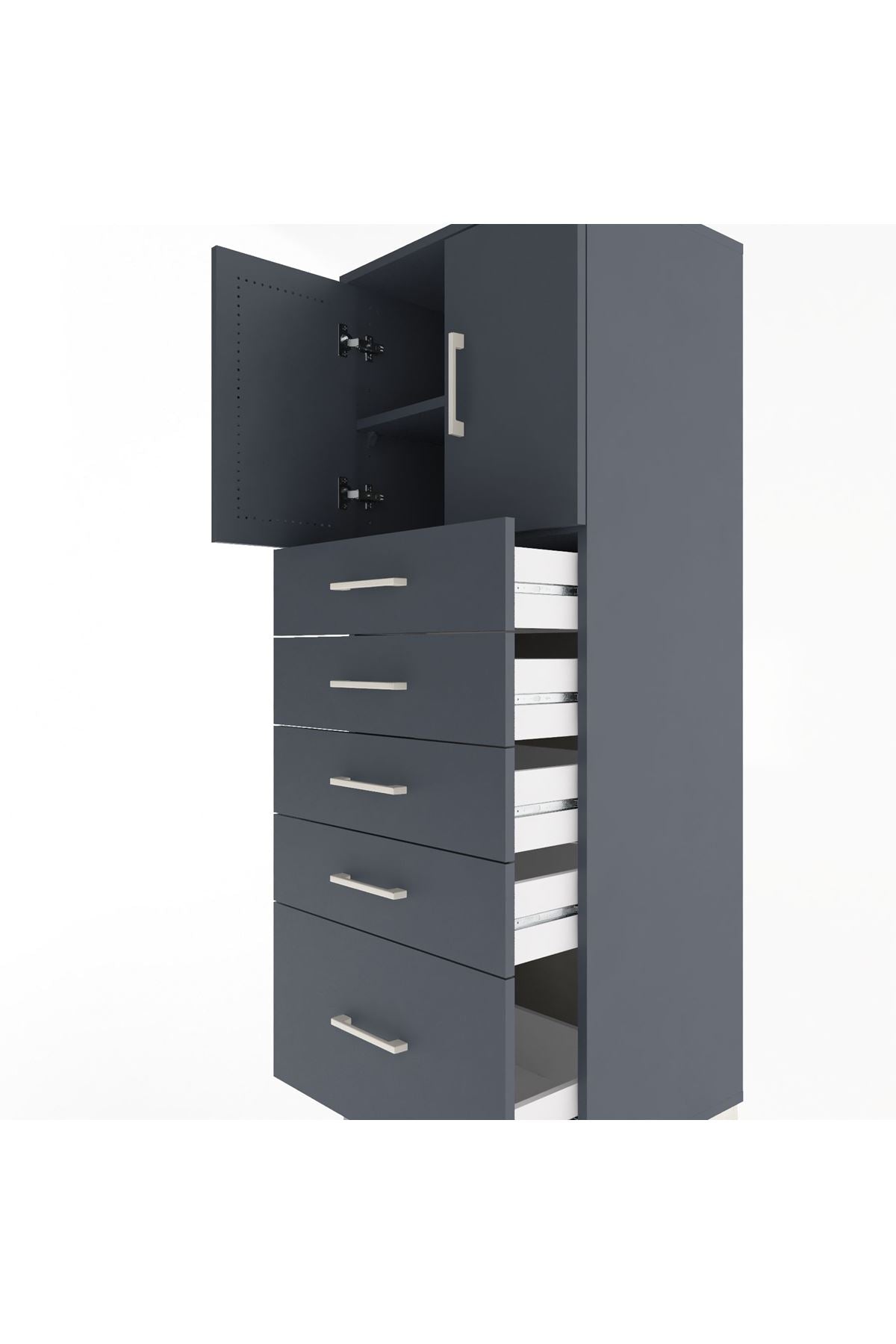 Hyperion Dolap 2 Raflı 5 Çekmeceli 2 Kapaklı 60x44x163 Antrasit-Antrasit