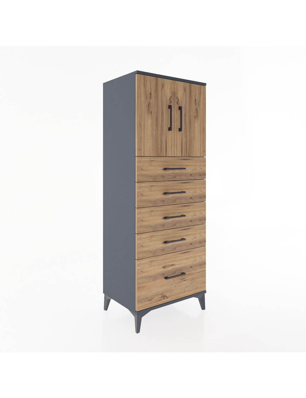 Hyperion Dolap 2 Raflı 5 Çekmeceli 2 Kapaklı 60x44x163 Antrasit-Çam