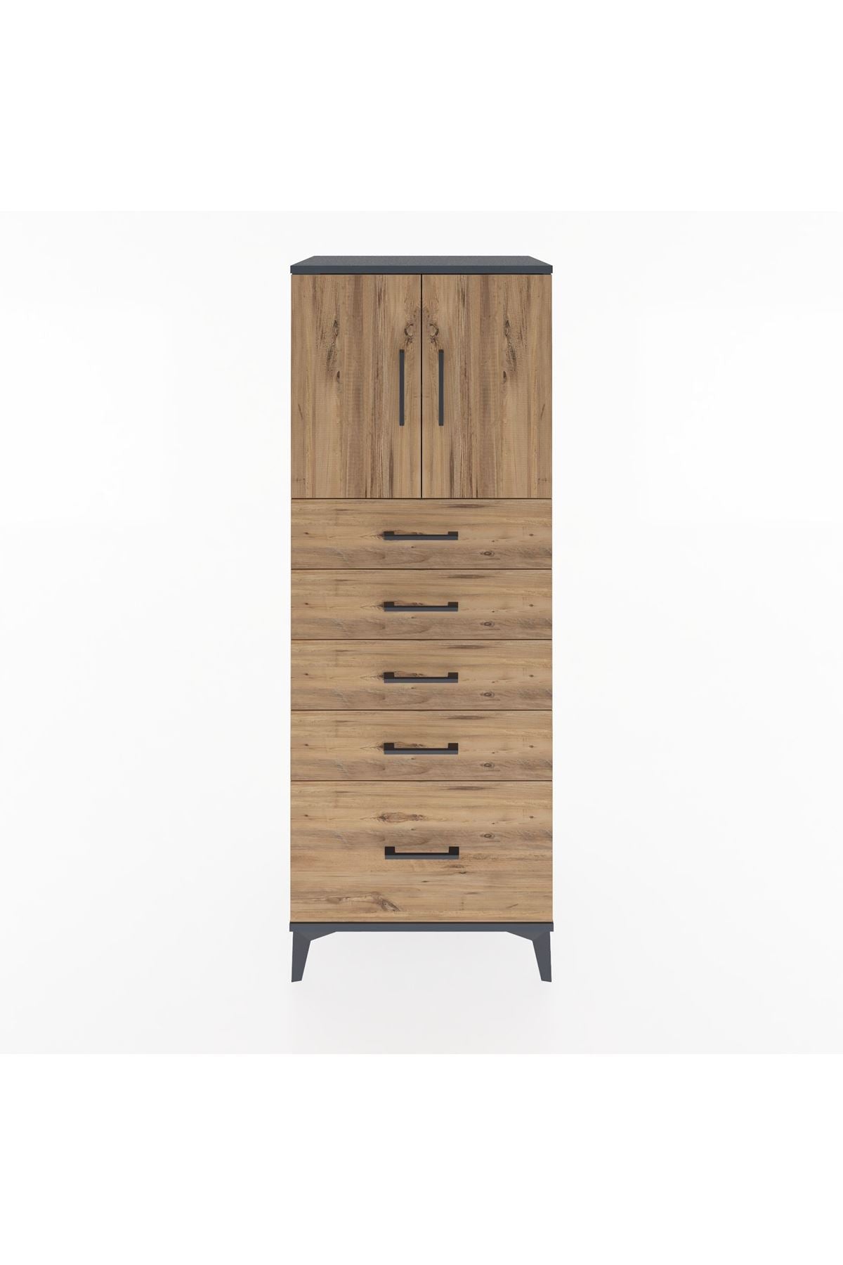 Hyperion Dolap 2 Raflı 5 Çekmeceli 2 Kapaklı 60x44x163 Antrasit-Çam