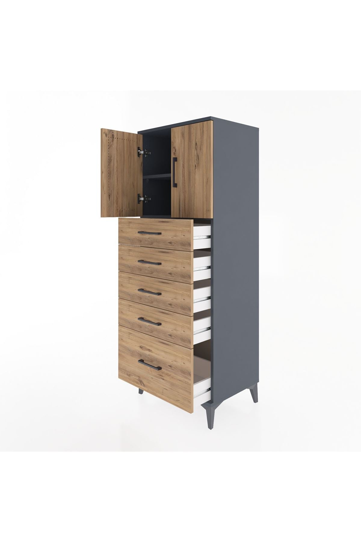 Hyperion Dolap 2 Raflı 5 Çekmeceli 2 Kapaklı 60x44x163 Antrasit-Çam