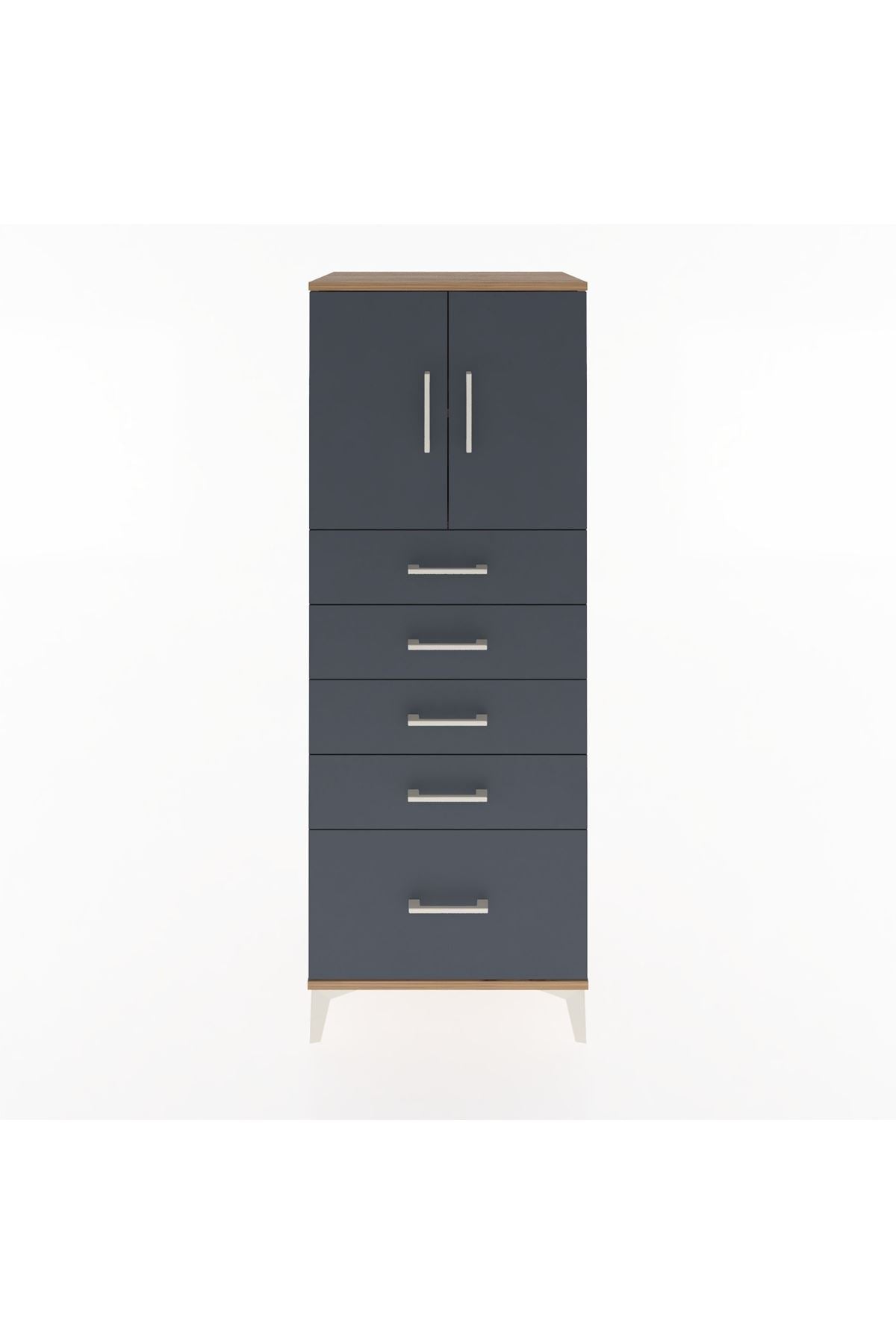 Hyperion Dolap 2 Raflı 5 Çekmeceli 2 Kapaklı 60x44x163 Çam-Antrasit