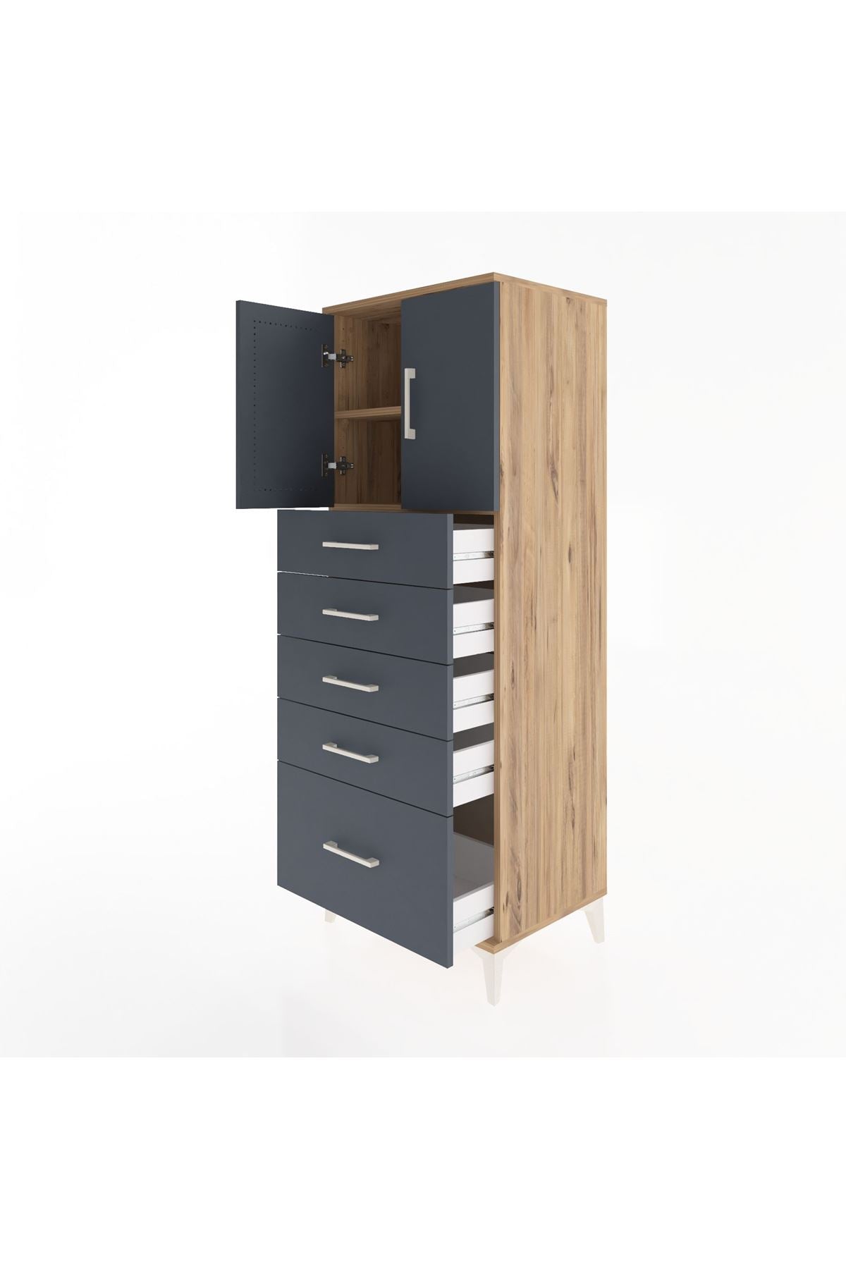 Hyperion Dolap 2 Raflı 5 Çekmeceli 2 Kapaklı 60x44x163 Çam-Antrasit