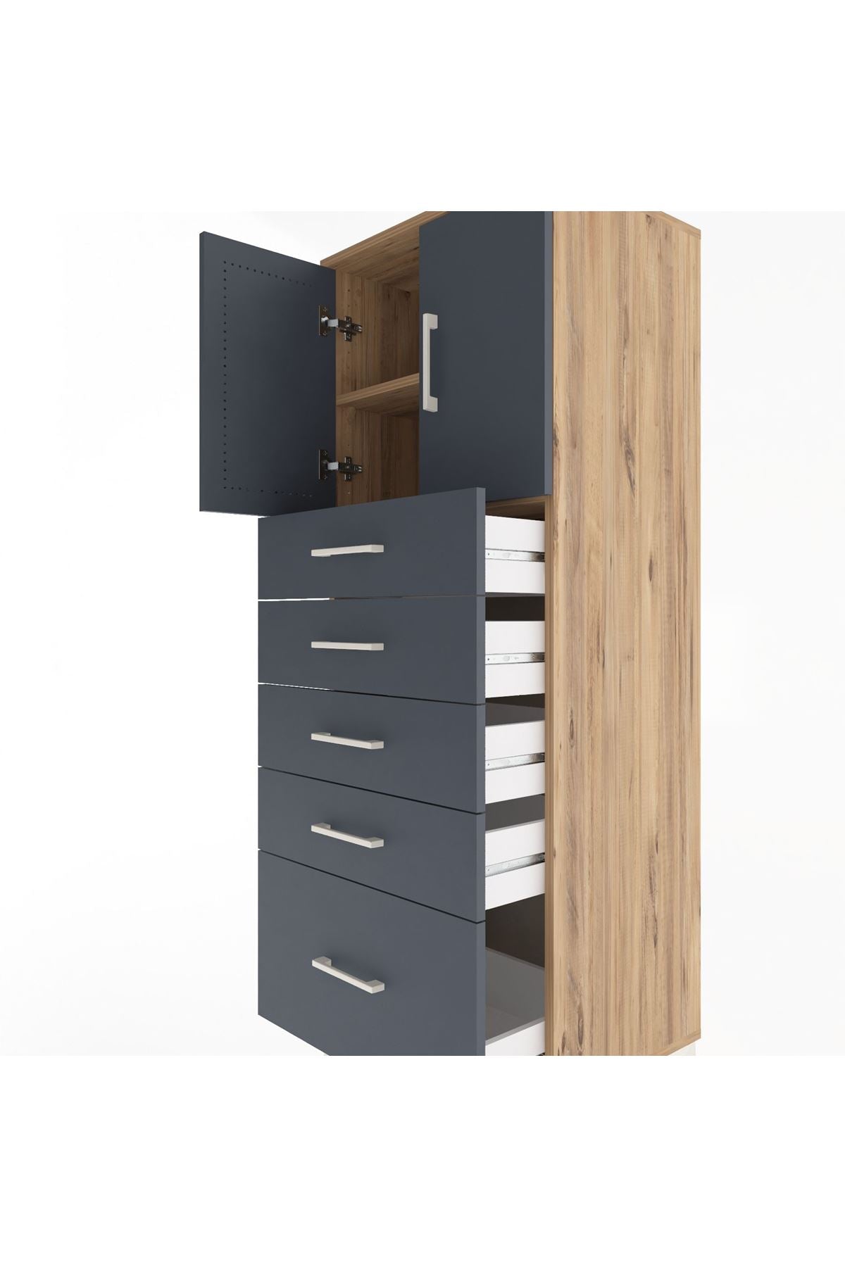 Hyperion Dolap 2 Raflı 5 Çekmeceli 2 Kapaklı 60x44x163 Çam-Antrasit